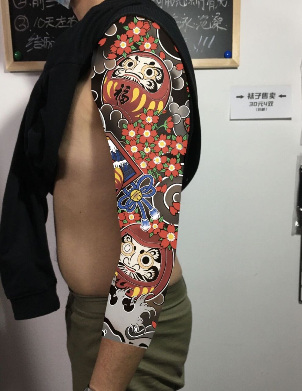 七分袖达摩蛋花臂|日式花臂纹身手稿 根据客人要求设计画的图,效果还