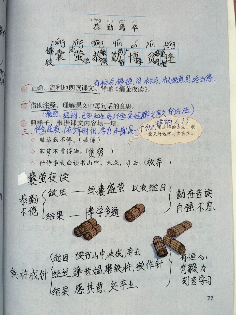 四下语文《文言文两则》囊萤夜读 铁杵成针 四年级语文下册《囊萤夜读