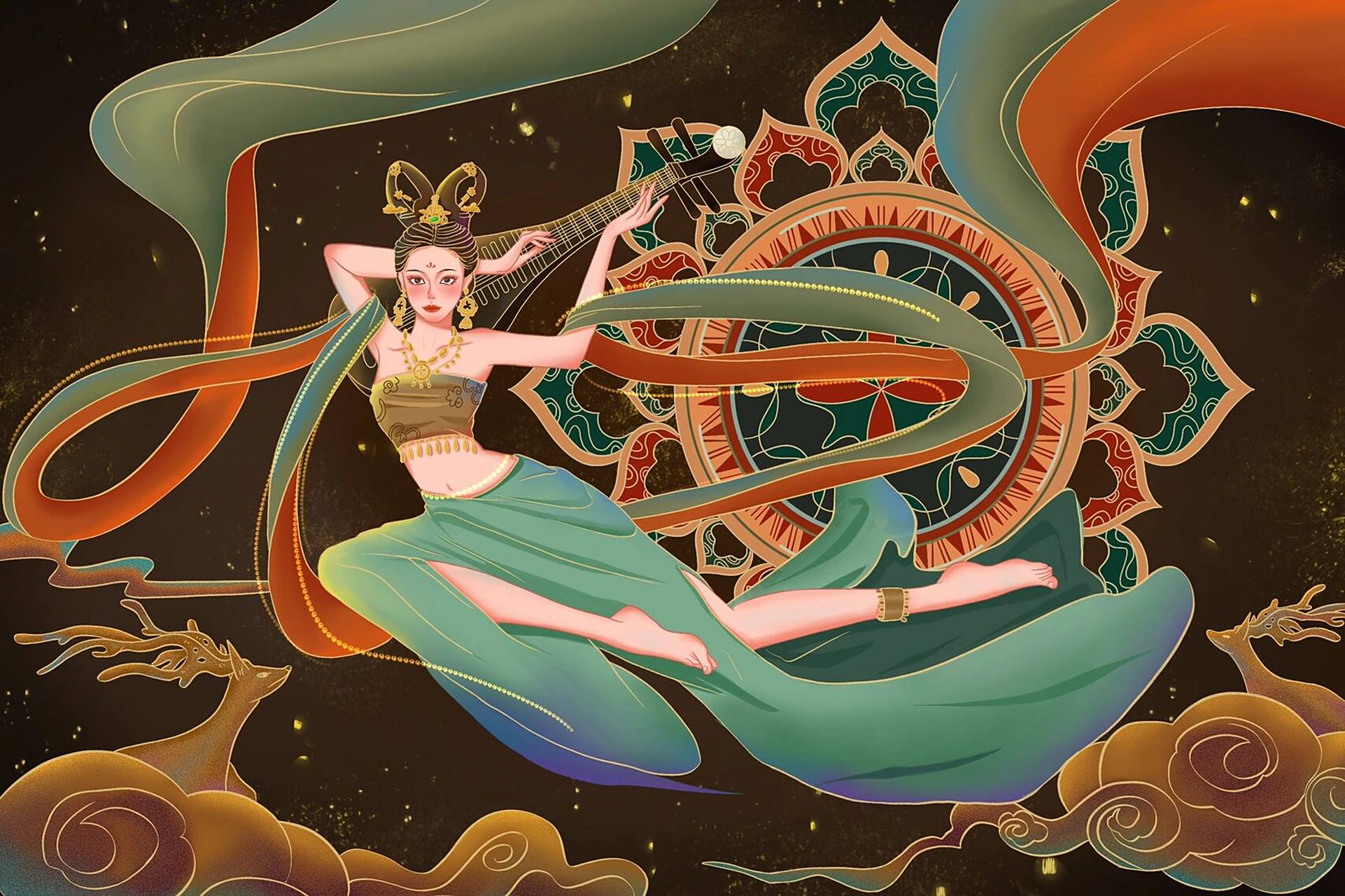 国风插画|敦煌飞天少女 《反弹琵琶》是敦煌壁画《无量寿经变》的局部