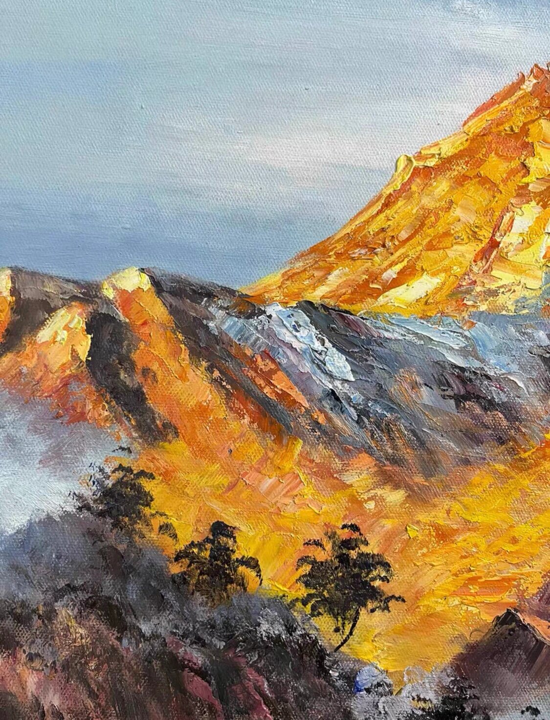 手绘油画—雪山金山风景 纯手绘油画,立体厚涂,雪山金山风景画60×90