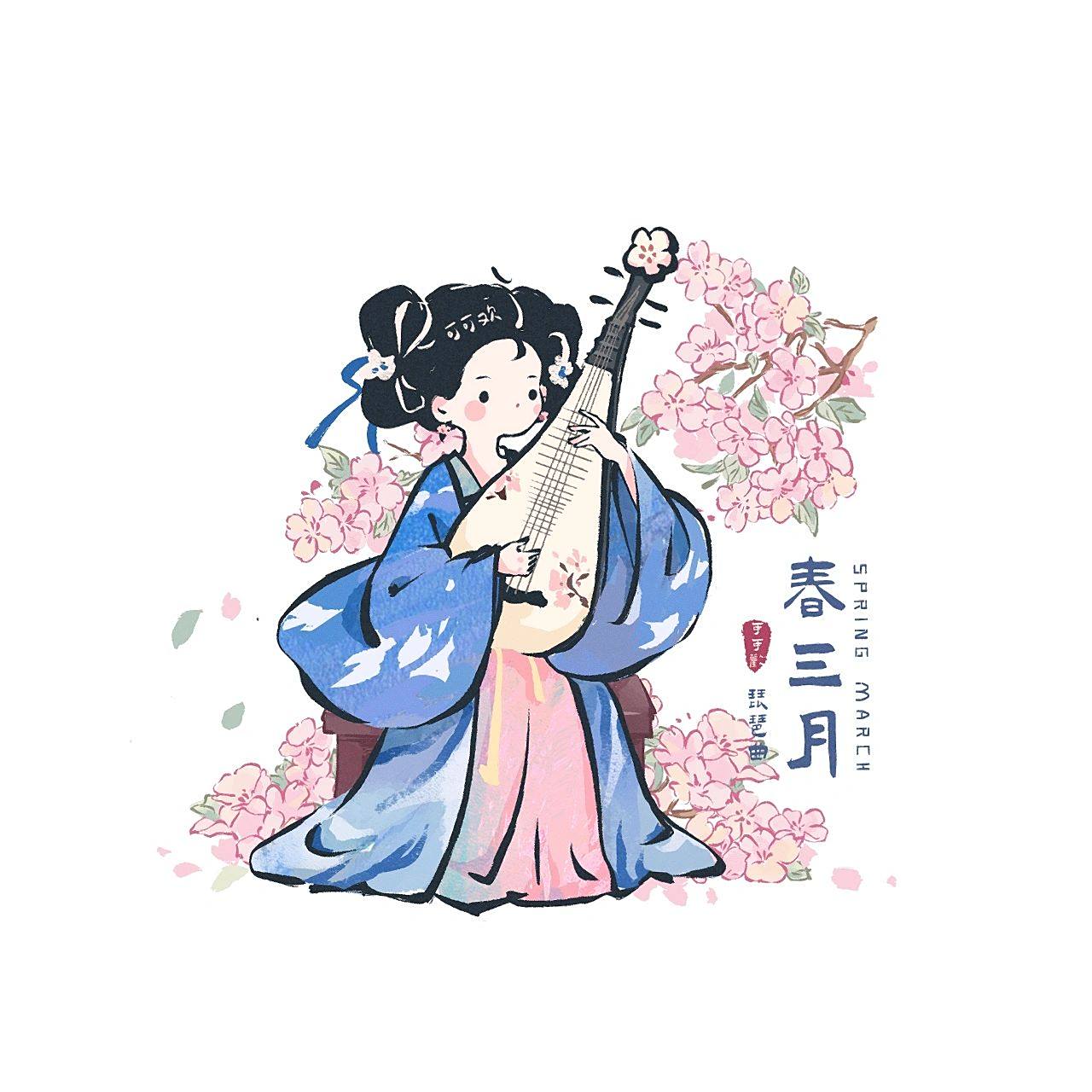 人间值得春三月|琵琶古风简笔画  粉粉的古风琵琶简笔画来啦!