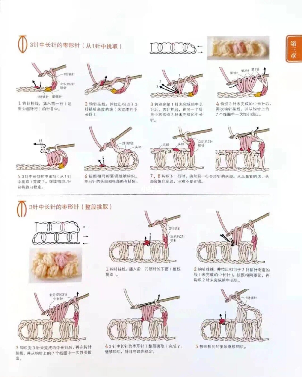 多种枣型针的钩织方法图解 常用钩针符号注解: x :短针, v :加针, a