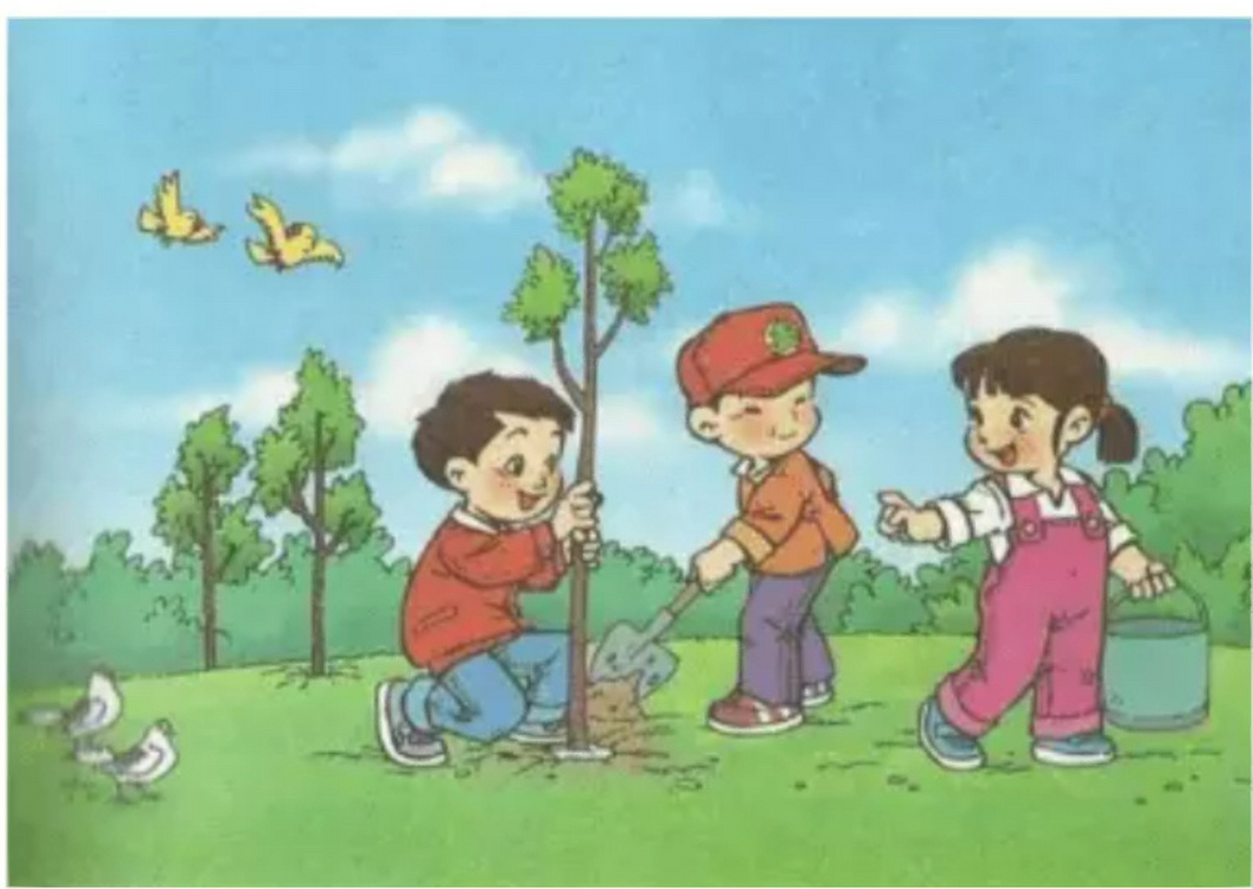 一二年级  看图写话《植树》 星期天,碧空如洗,万里无云.