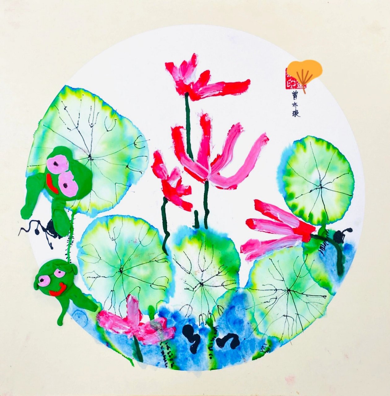 4-5岁儿童画作品《池塘里的荷花》 美学知识点:线条和形状的组合 步骤