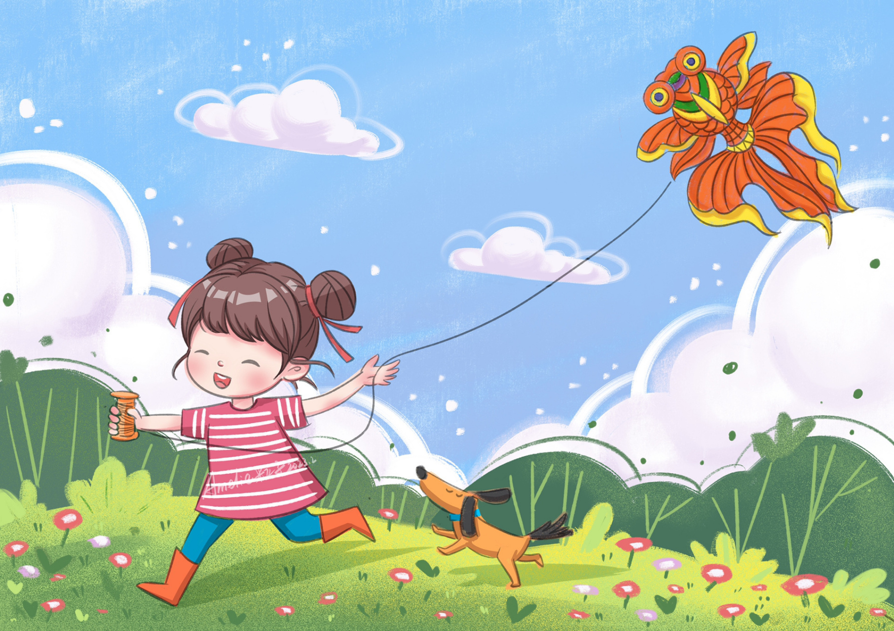 原创风筝儿童插画,这两天在构思的放风筝主题儿童插画,今天终于完成了
