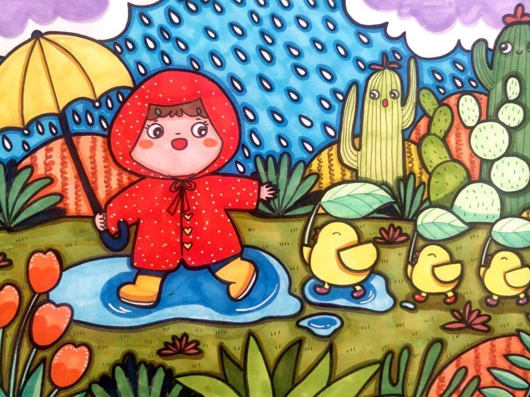 (原创)下雨天儿童简笔画 下雨天,空气格外好,要来一起散散步吗?