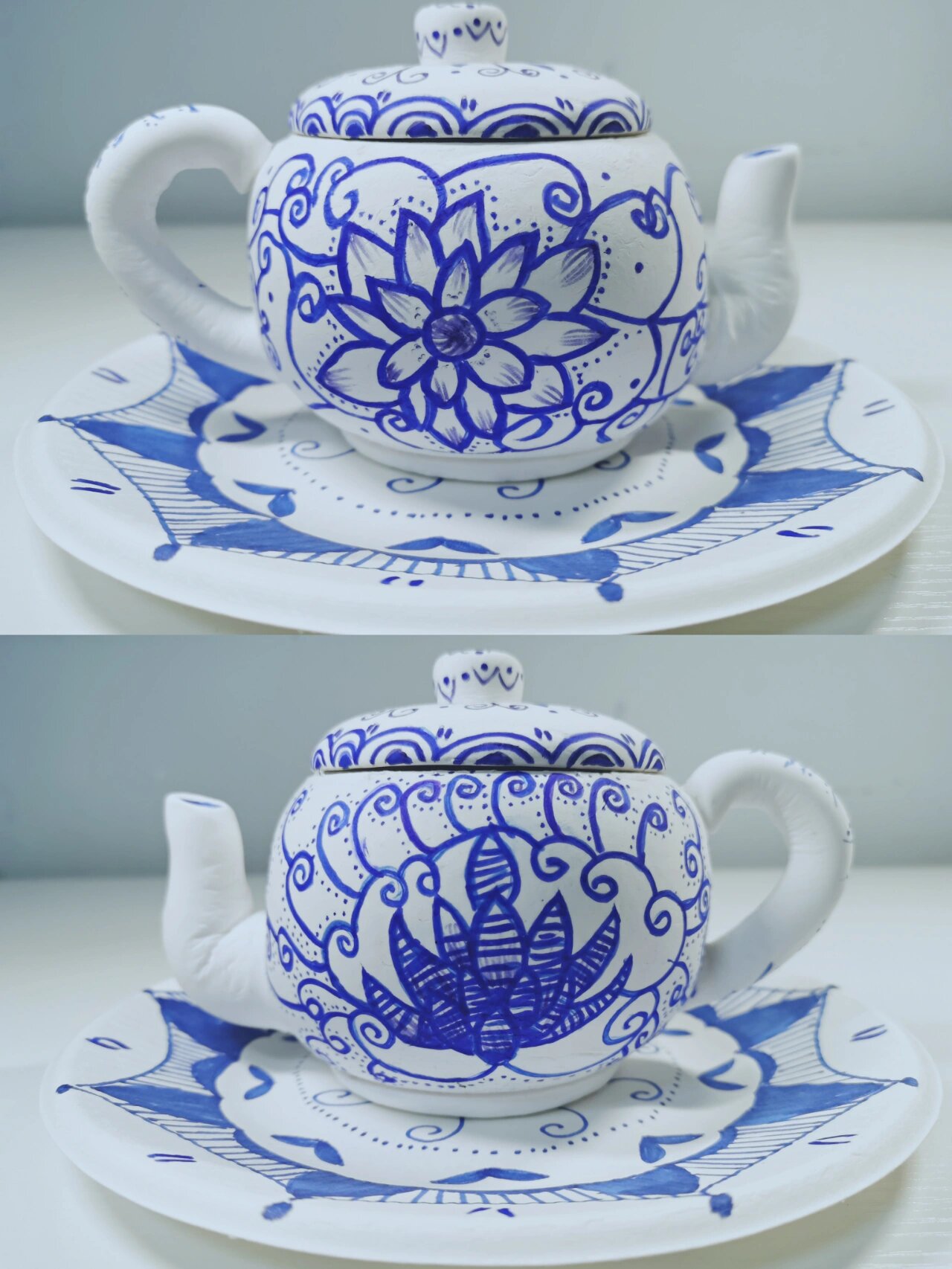 超轻粘土版青花瓷茶壶