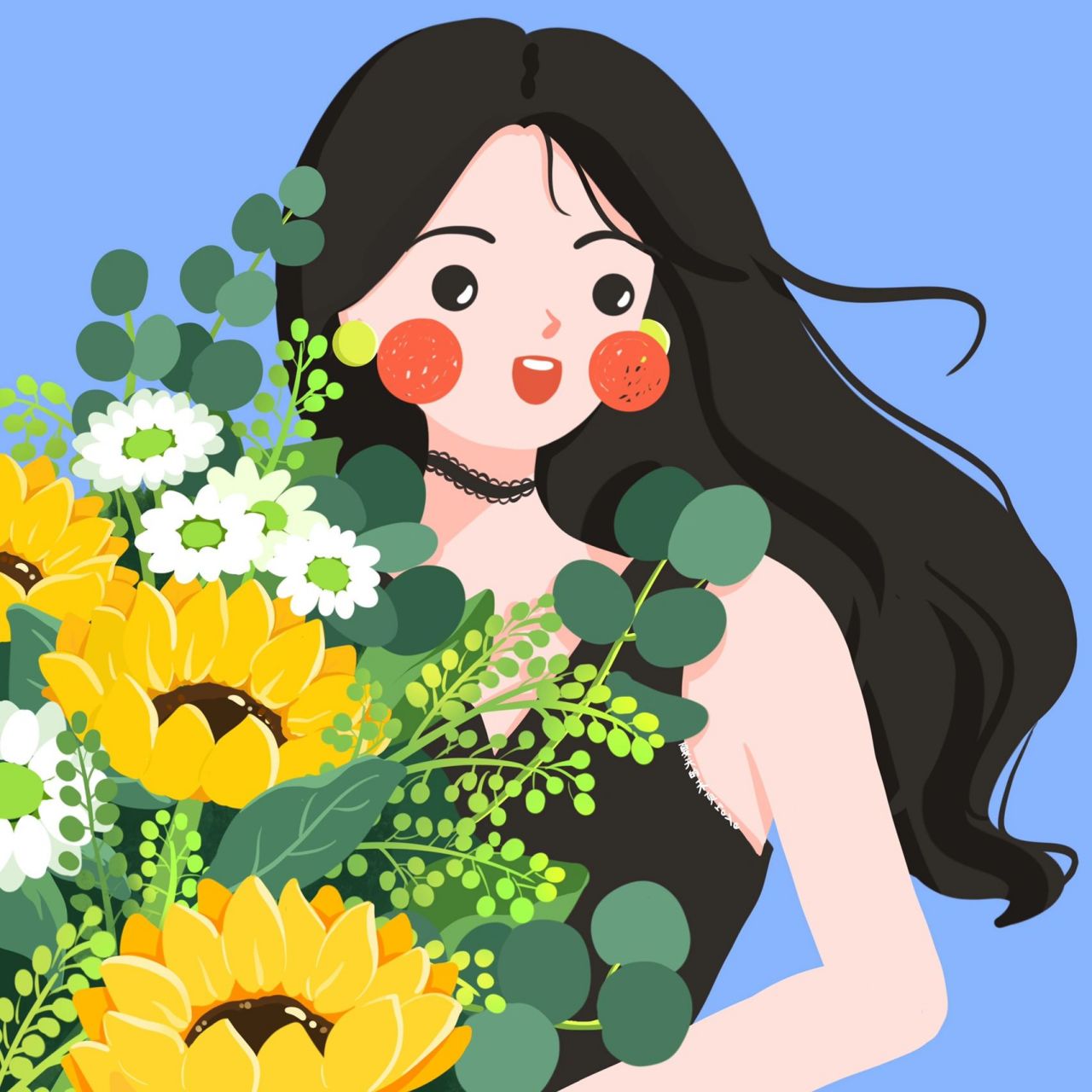 插画头像 | 捧花花的可爱女生头像91566九宫格 花与少女 一些花花