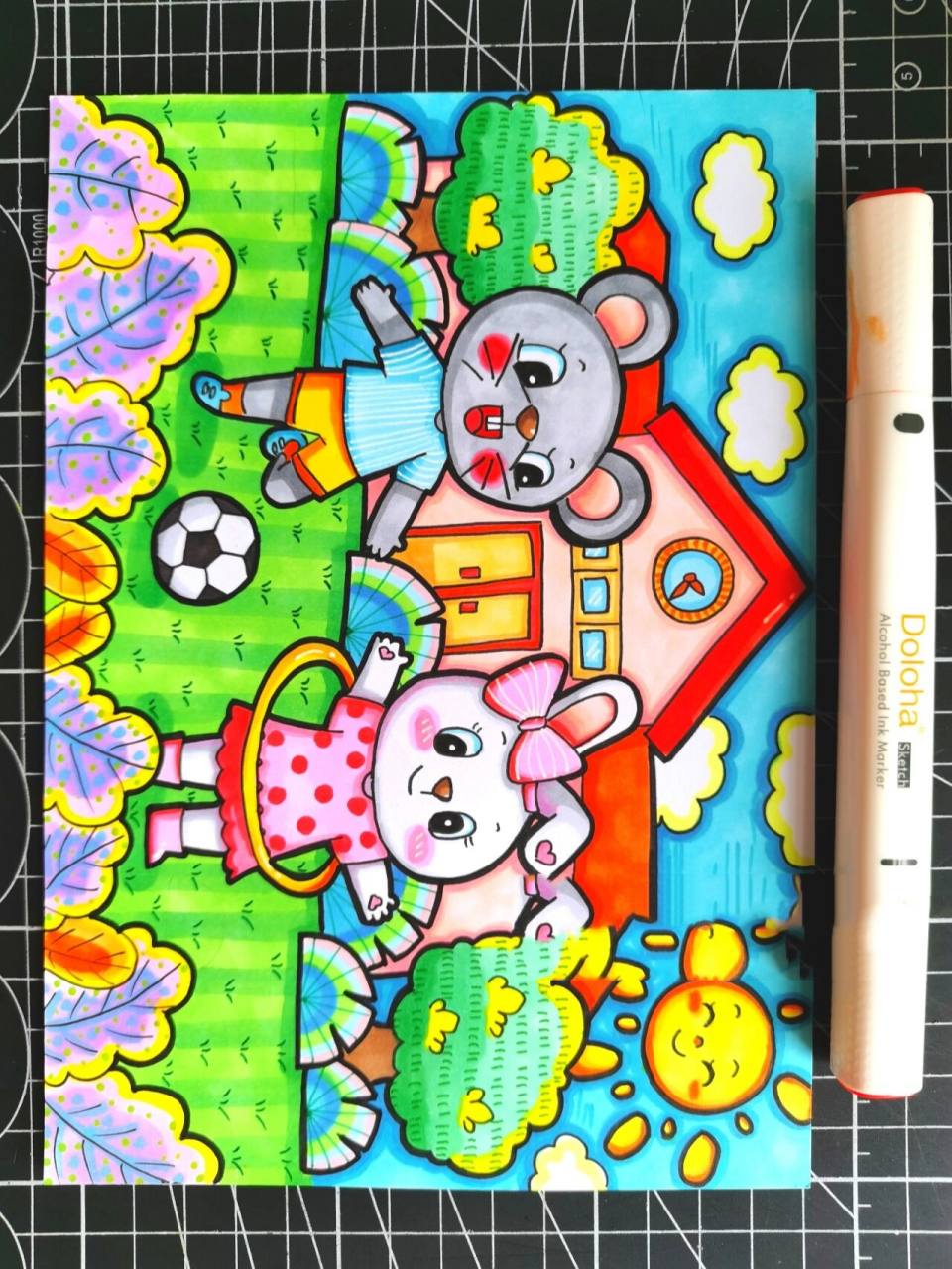 儿童画|《我爱运动》|马克笔过程|附线稿图 动物主题儿童画喽,喜欢的