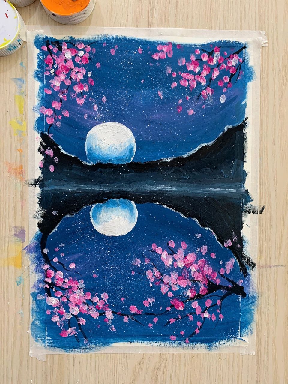 7-9岁儿童水粉《美丽的倒影》 78背景:普兰 白,画出一些笔触和深浅