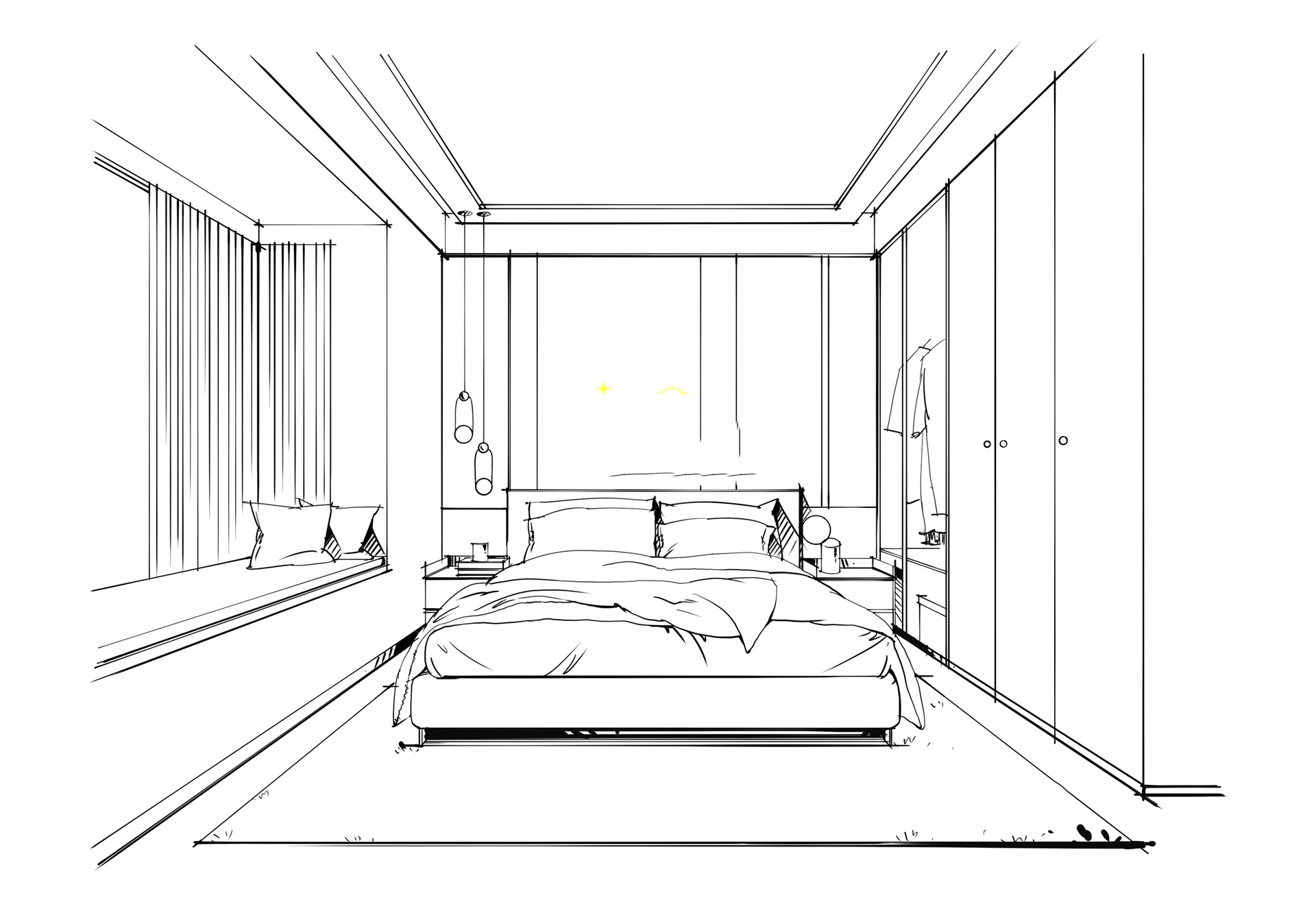 手绘效果图写生 卧室空间 线稿 风格 现代轻奢 一点透视 附步奏