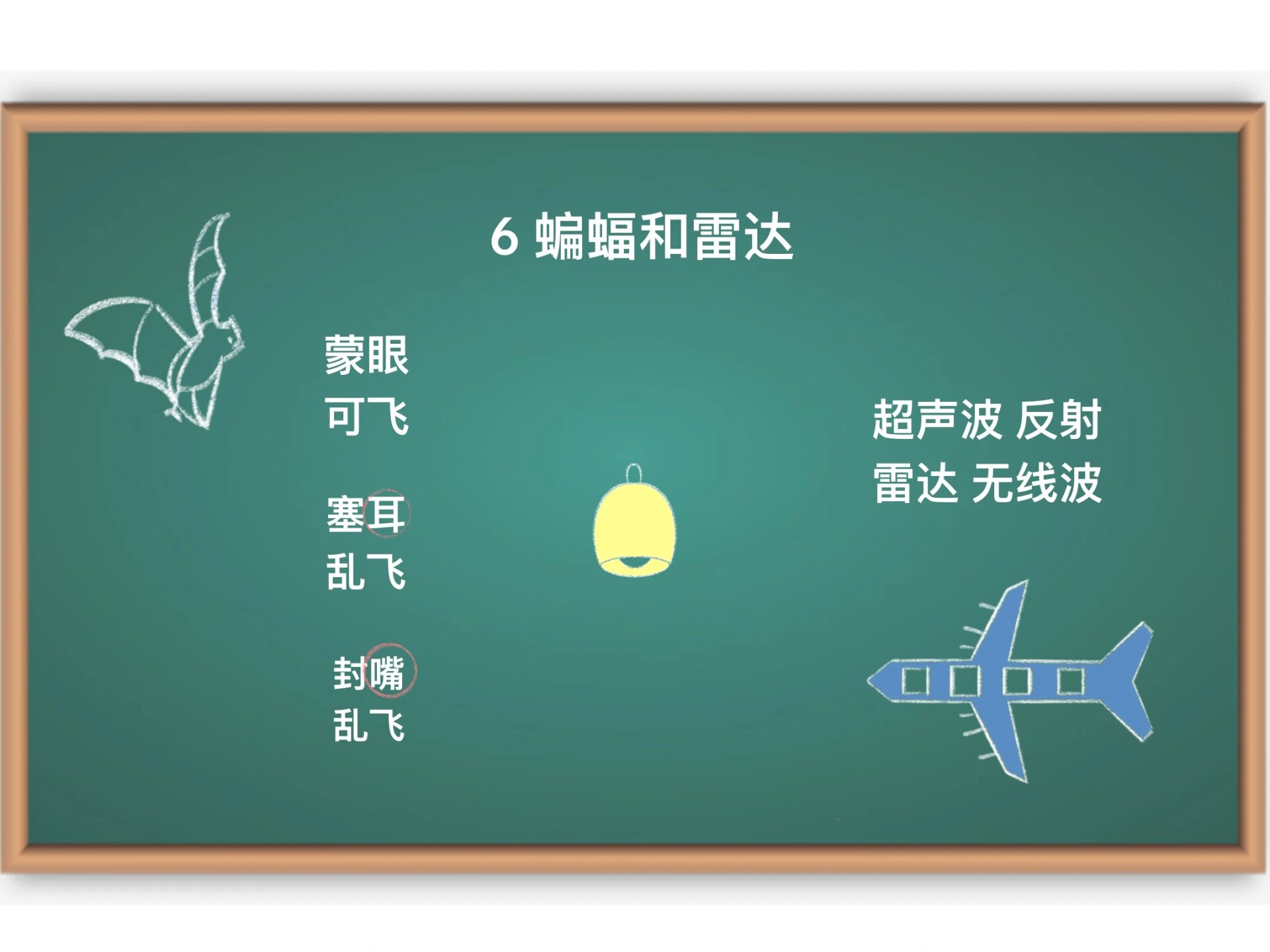 四上语文:蝙蝠和雷达 板书 材料:黄白蓝 粉笔 备注:科普类型捏 就把