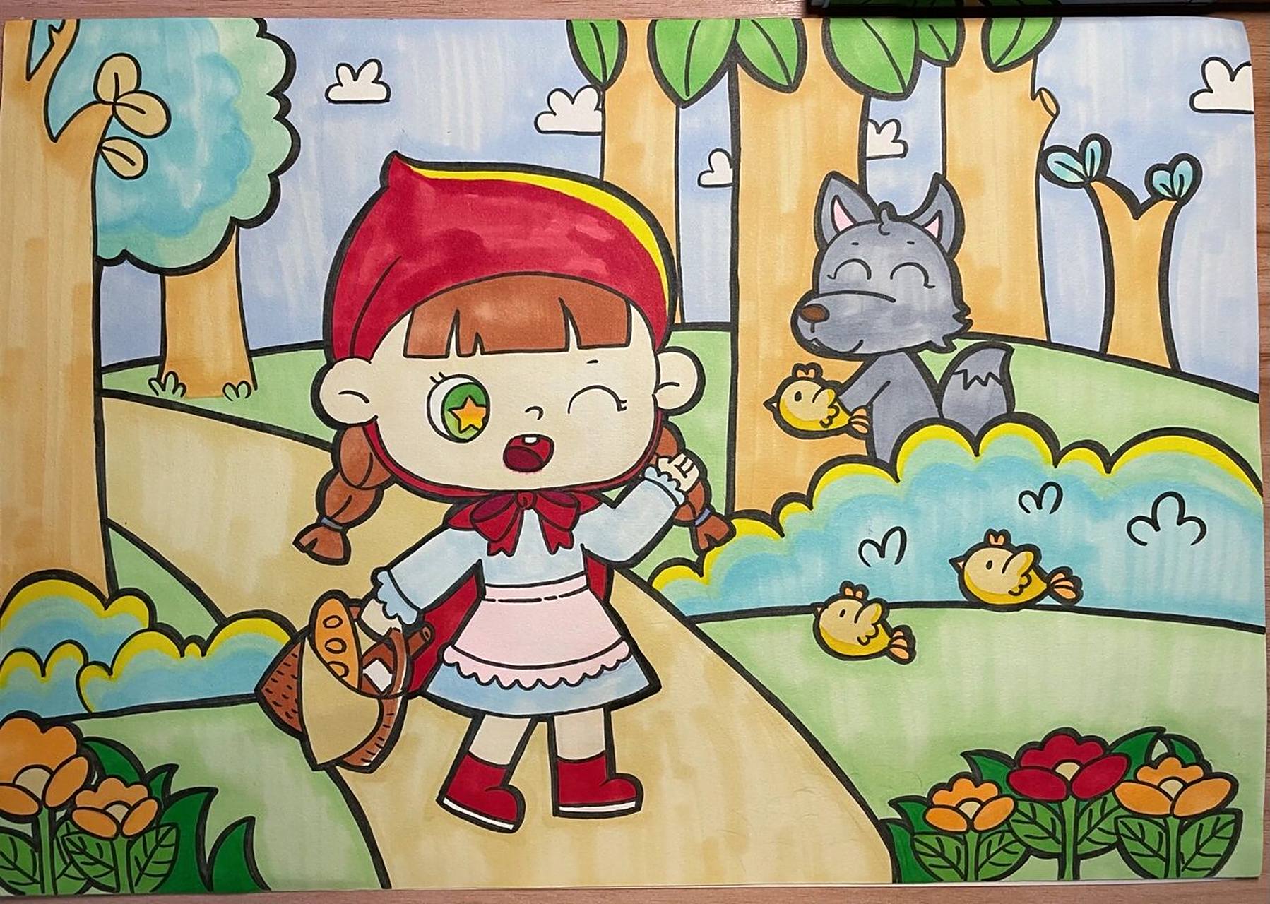 儿童画/小红帽和大灰狼～ 童话故事主题画/小红帽的故事 临摹-汤圆 的