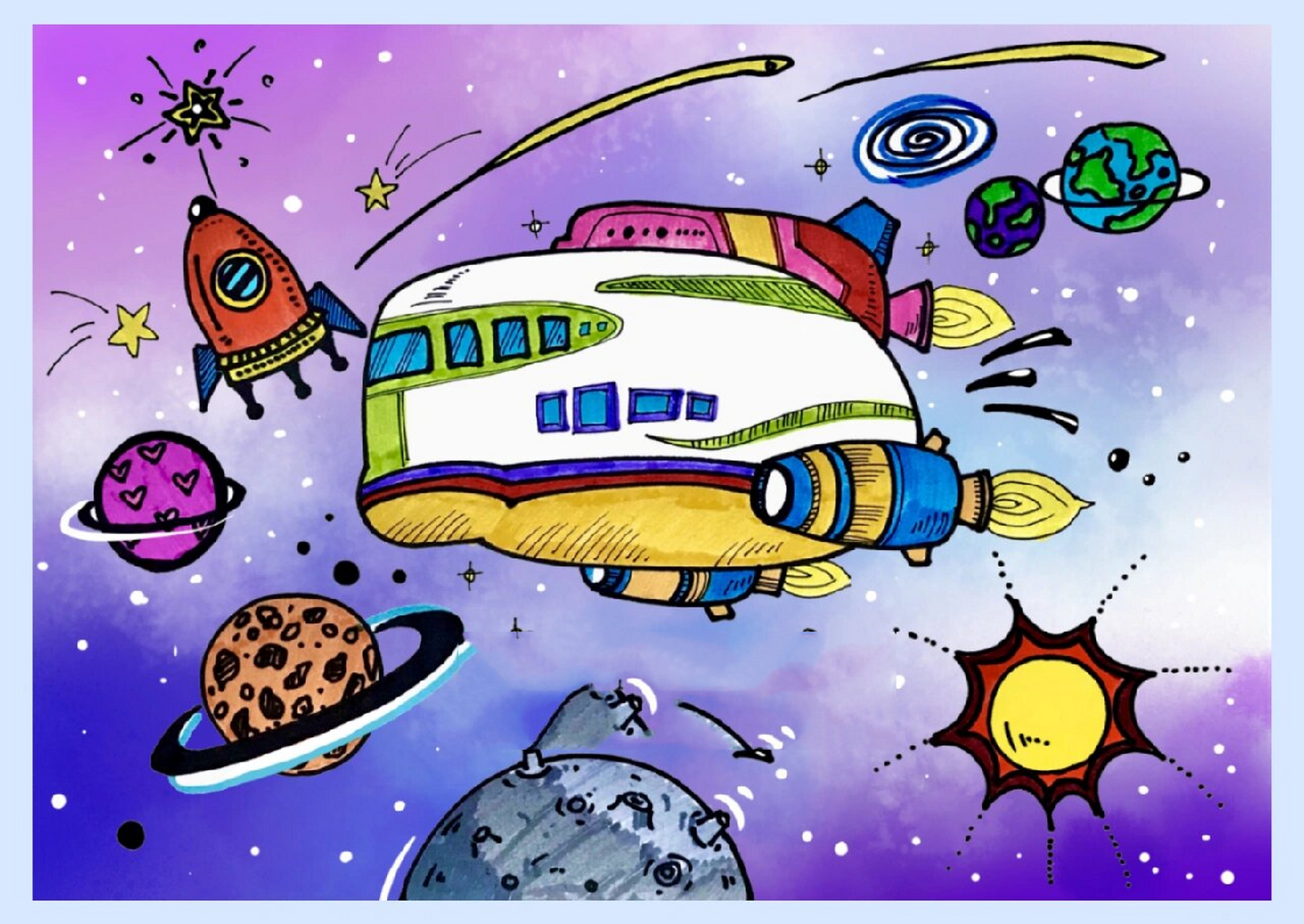 创意线描 ▏太空飞船 7岁可画 后面的背景可以用海绵点上去呦,最后再