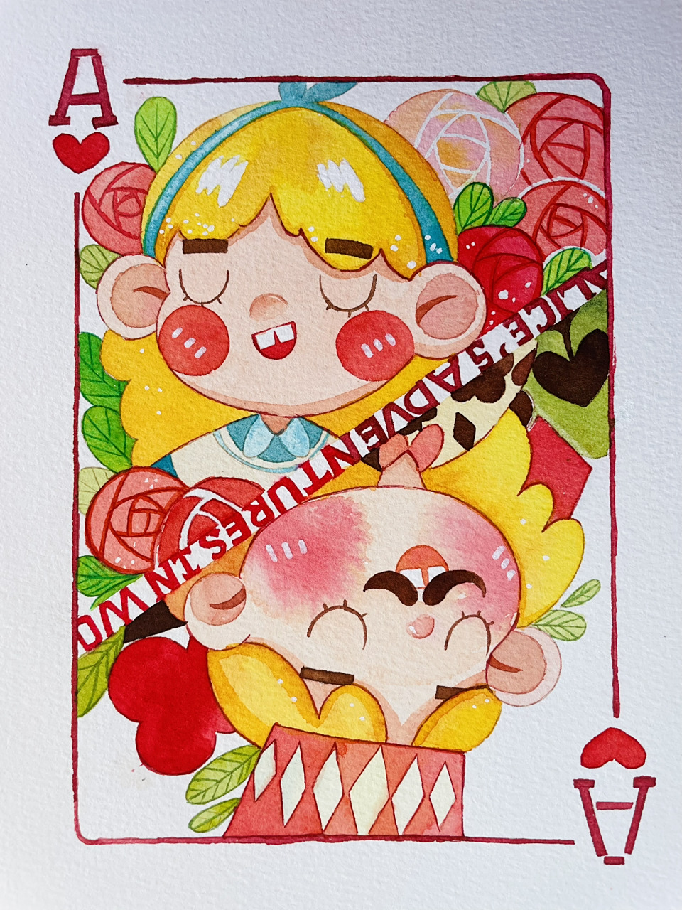 水彩|爱丽丝和红桃扑克牌(附线稿)
