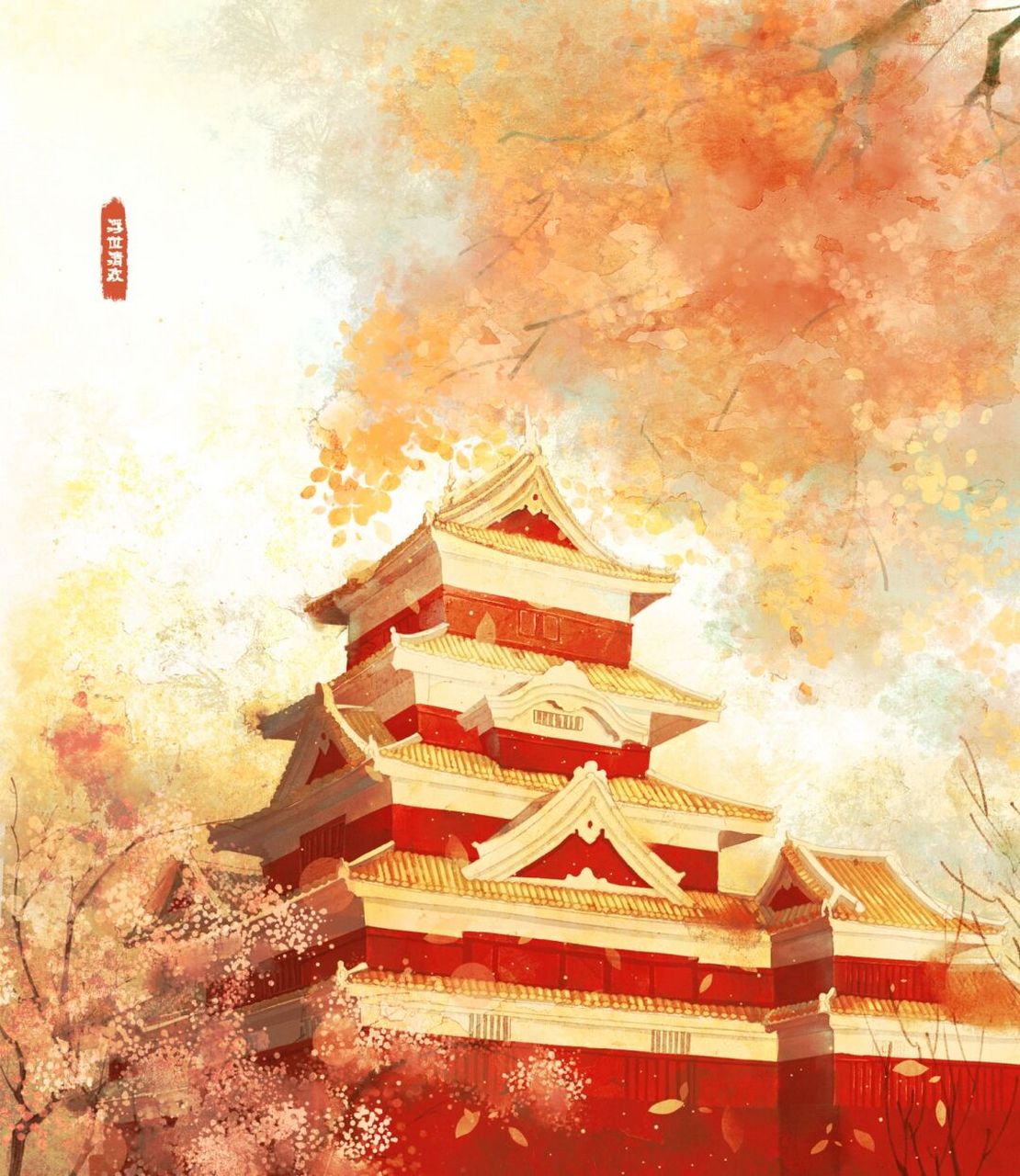 古风建筑插画 画了一幅完整一点的古风风景画,还不是很熟练,这张花的