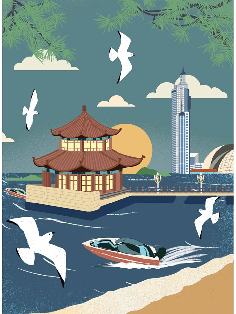 青岛地标之栈桥 原创插画 栈桥青岛老市区的标志建筑之一 栈桥的海鸥