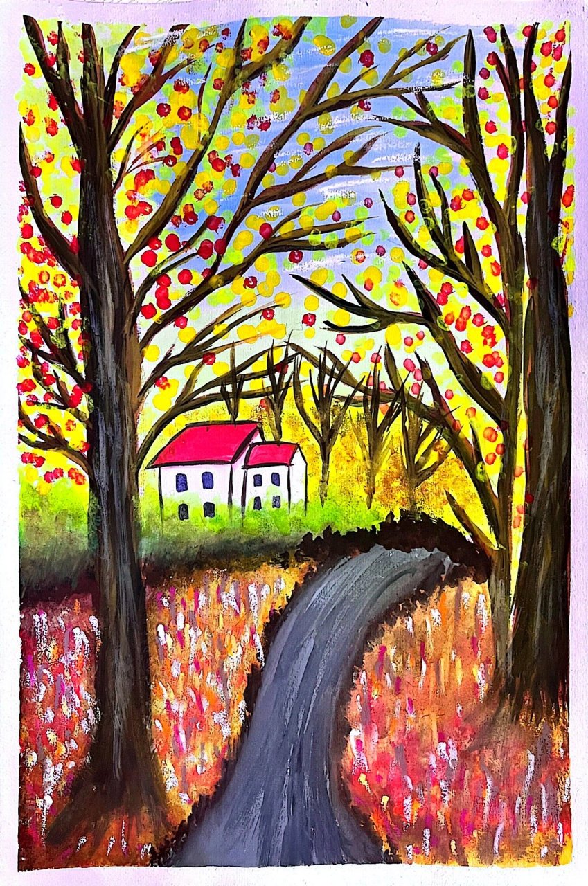 秋天景色水粉画 秋天景色