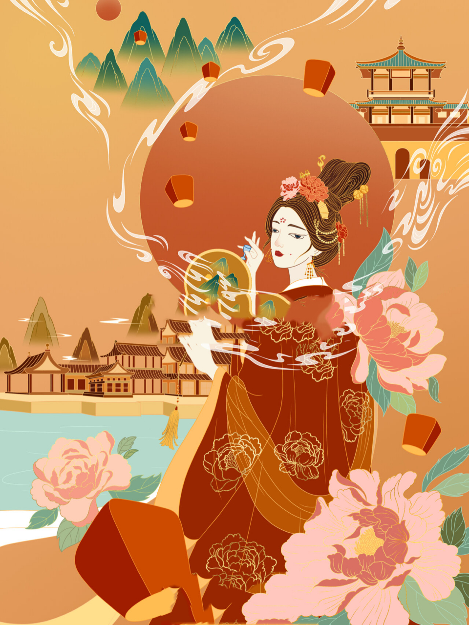 国风插画|贵妃醉酒97 四大美人画到第二张啦还有两张,坚持7899