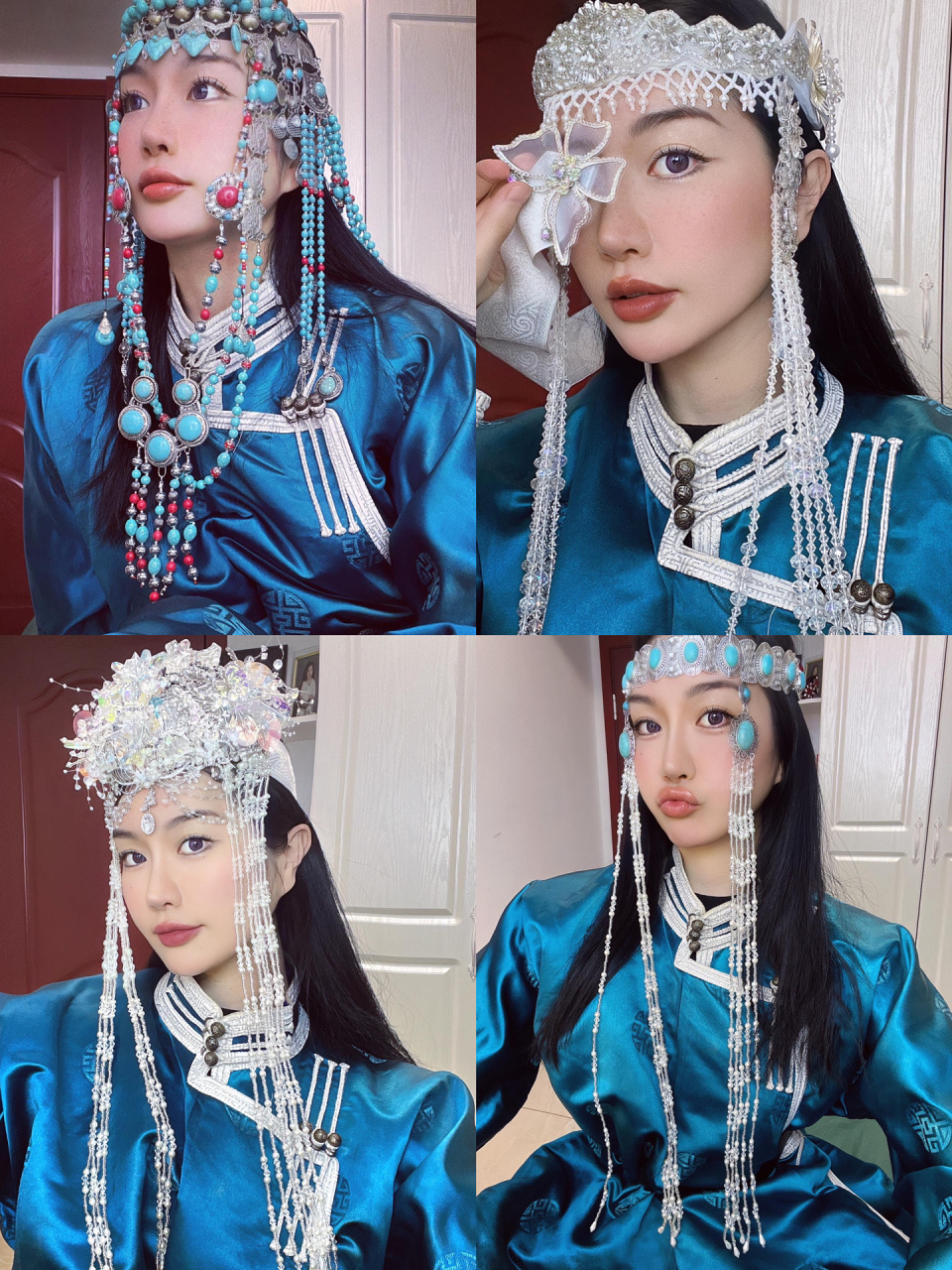 蒙古族/蓝色蒙古袍我准备了四款头饰/拿捏