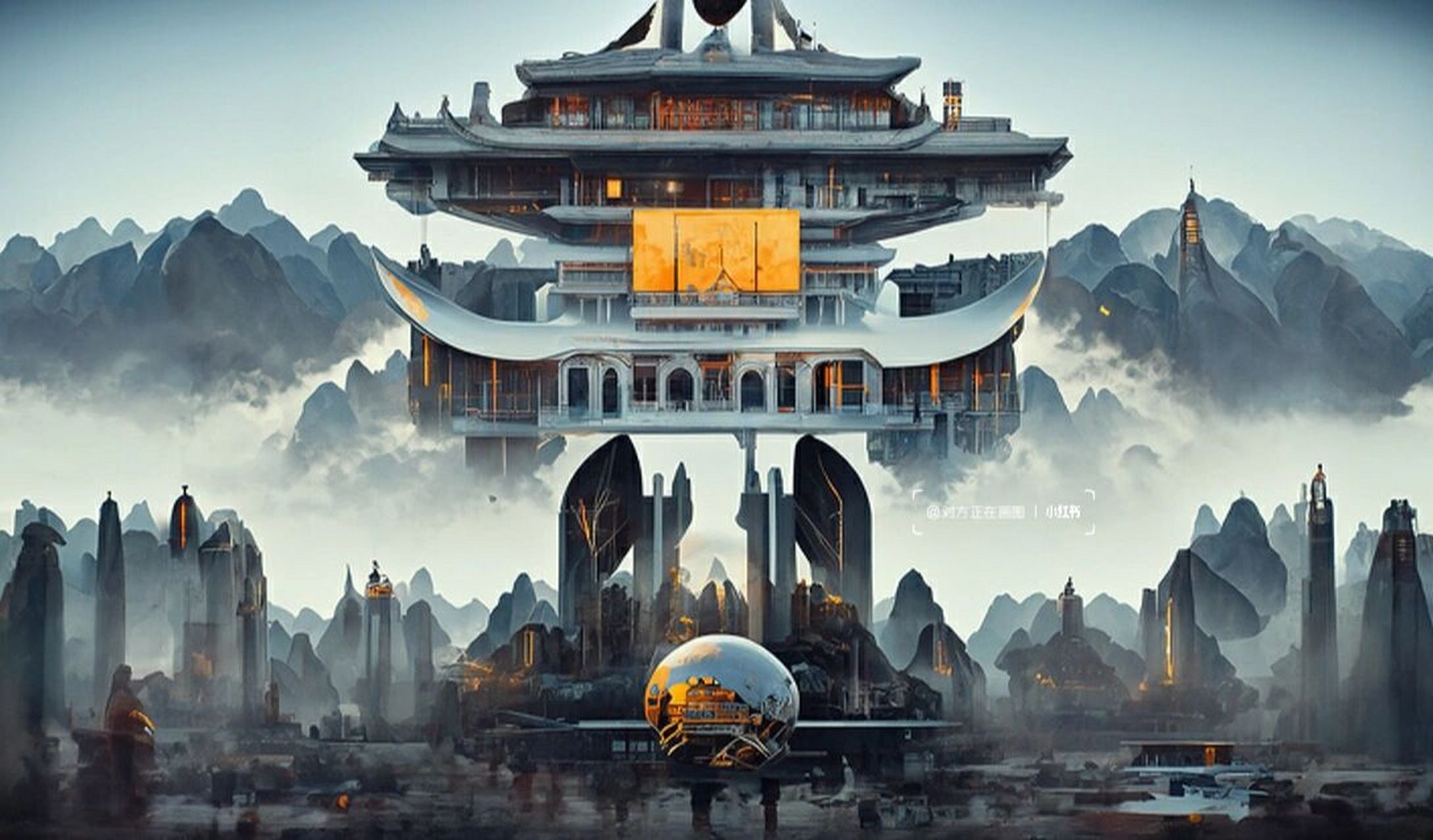 中式未来科幻风 一座建筑是天缝,四周都有科幻踪.