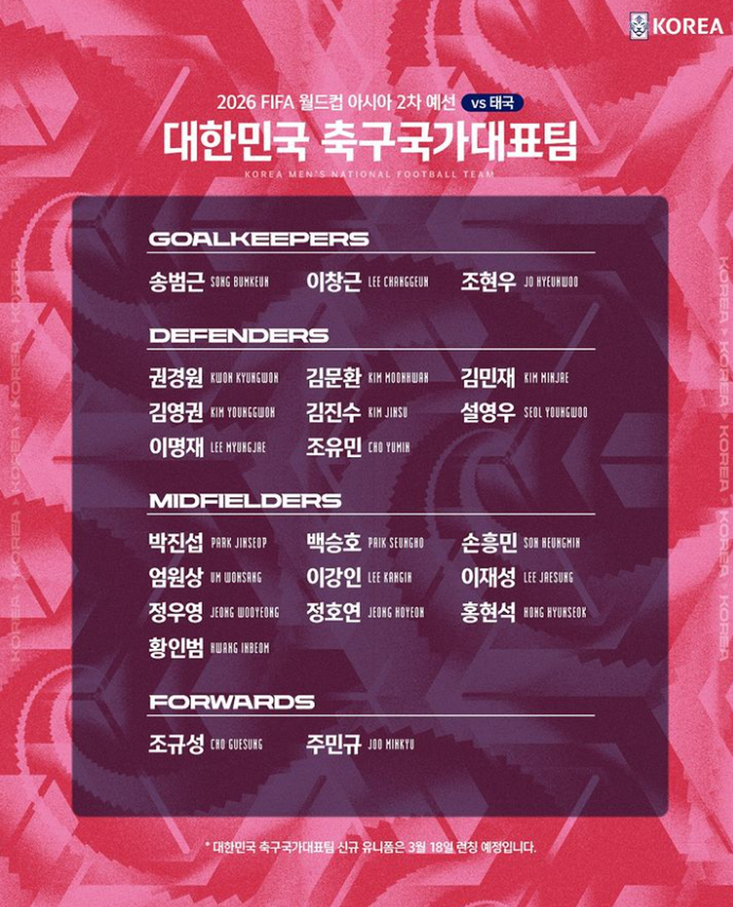 韩国国家队大名单公布!