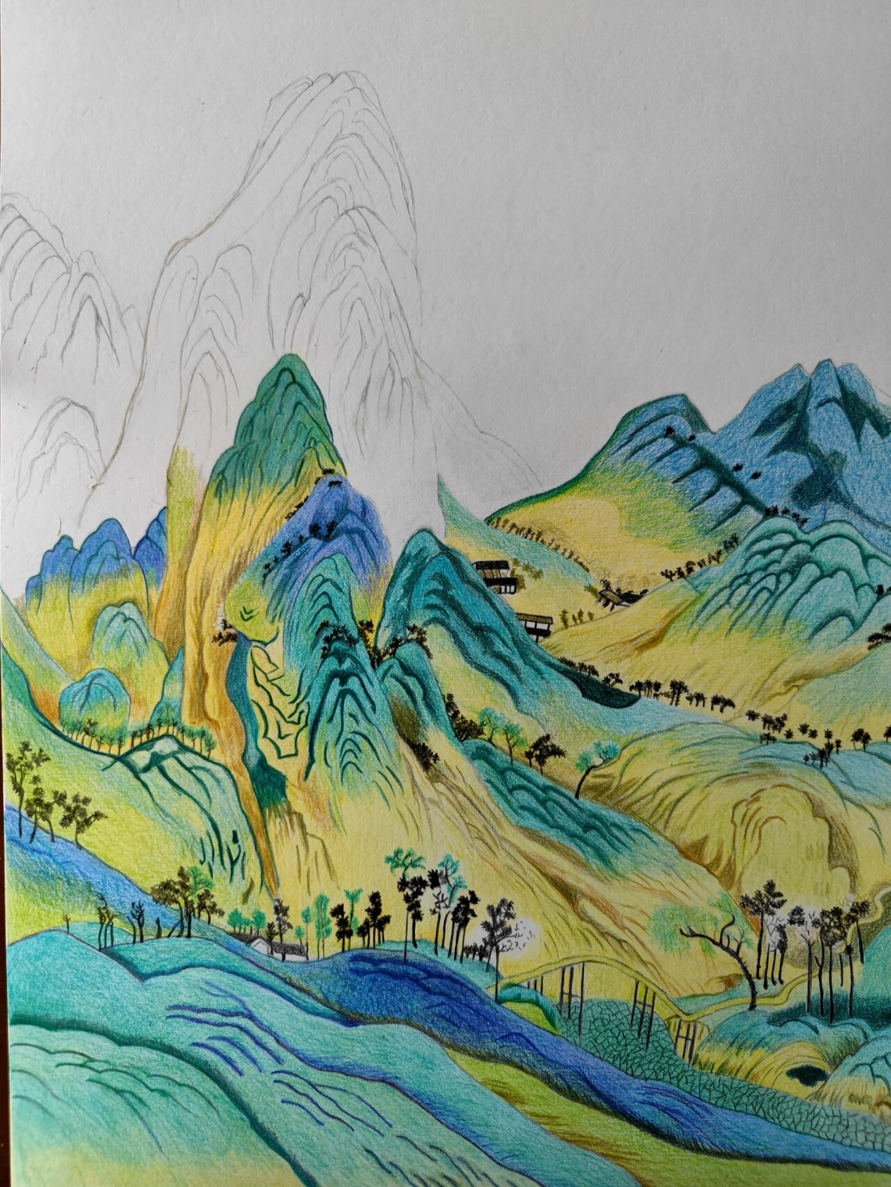 彩铅画山山水图片