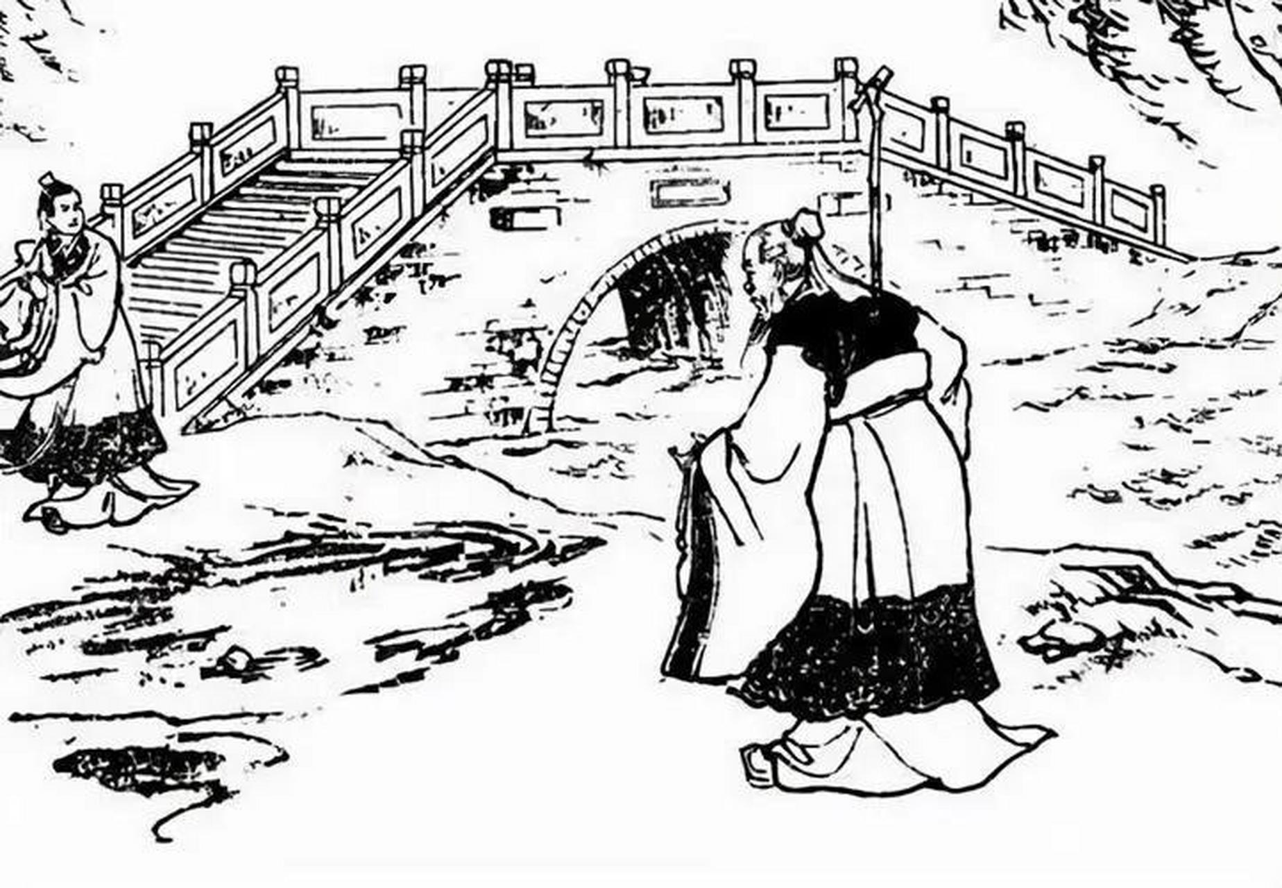 年轻的张良在桥上闲逛,迎面来了个老人,把鞋扔到桥下说:"小子,给爷把