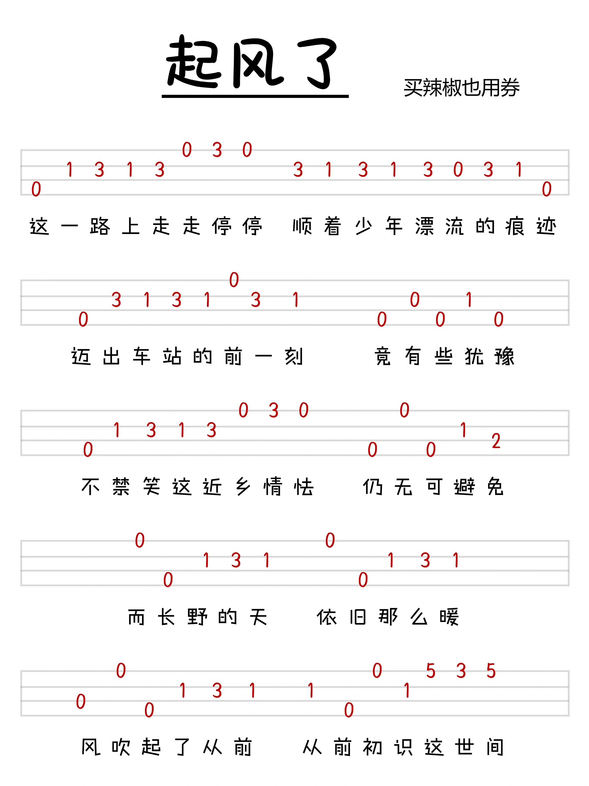 《起风了》尤克里里曲谱 这是我最喜欢的一首歌 谁见过风呢,我和你都