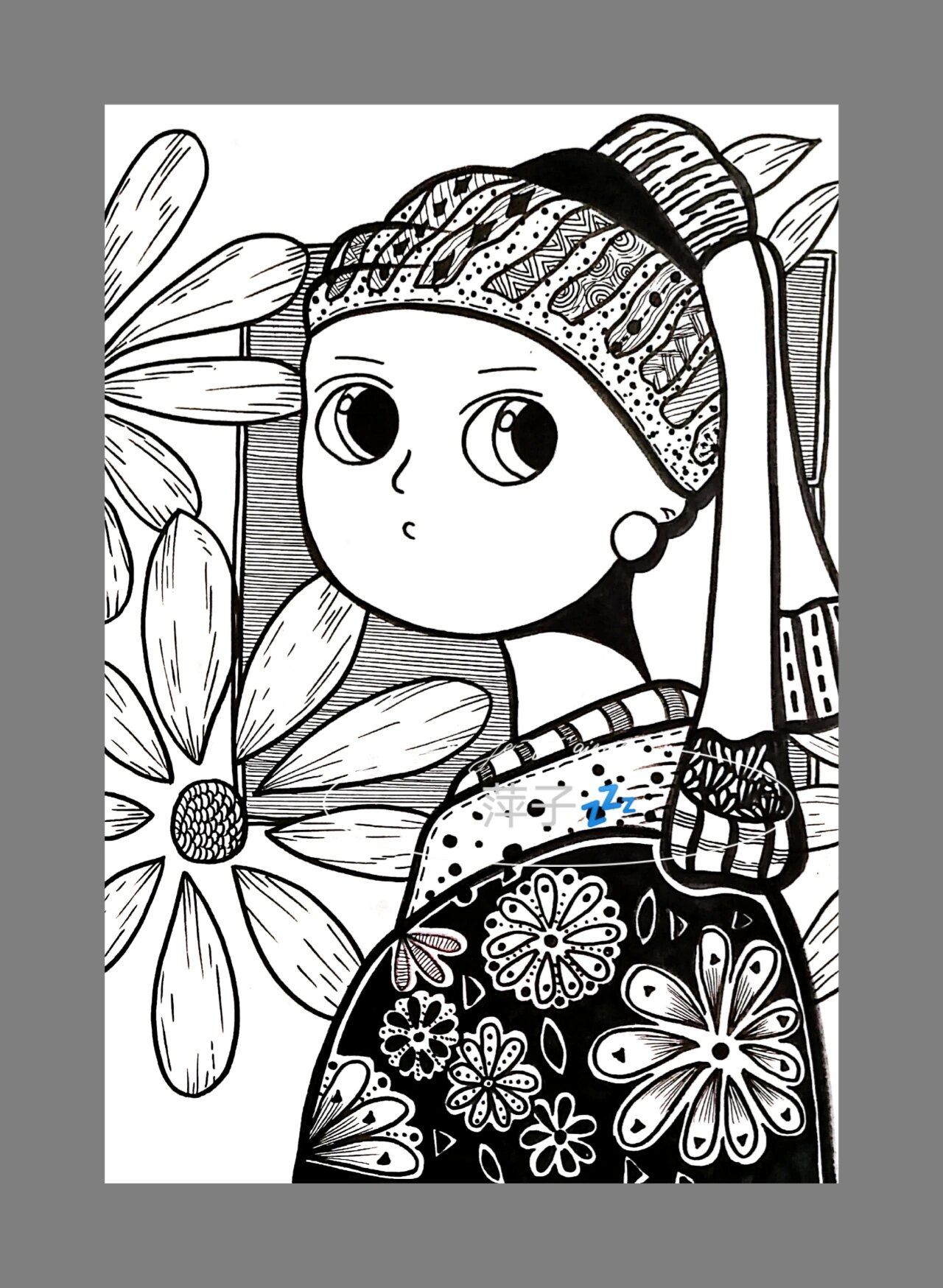 黑白线描装饰画 世界名画 戴珍珠耳环的少女 临摹