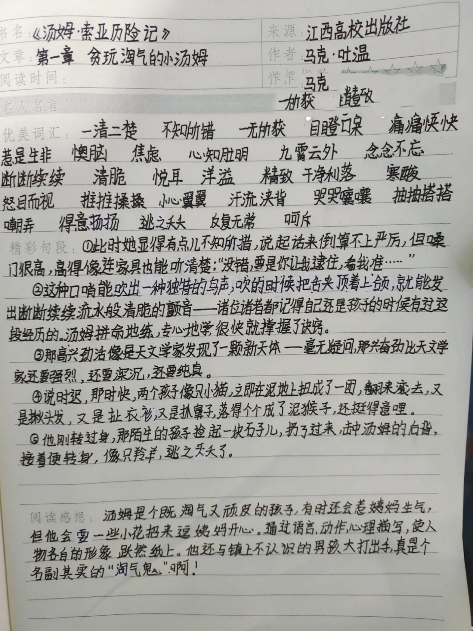 《汤姆·索亚历险记》第一章读书笔记 《汤姆·索亚历险记》读书笔记