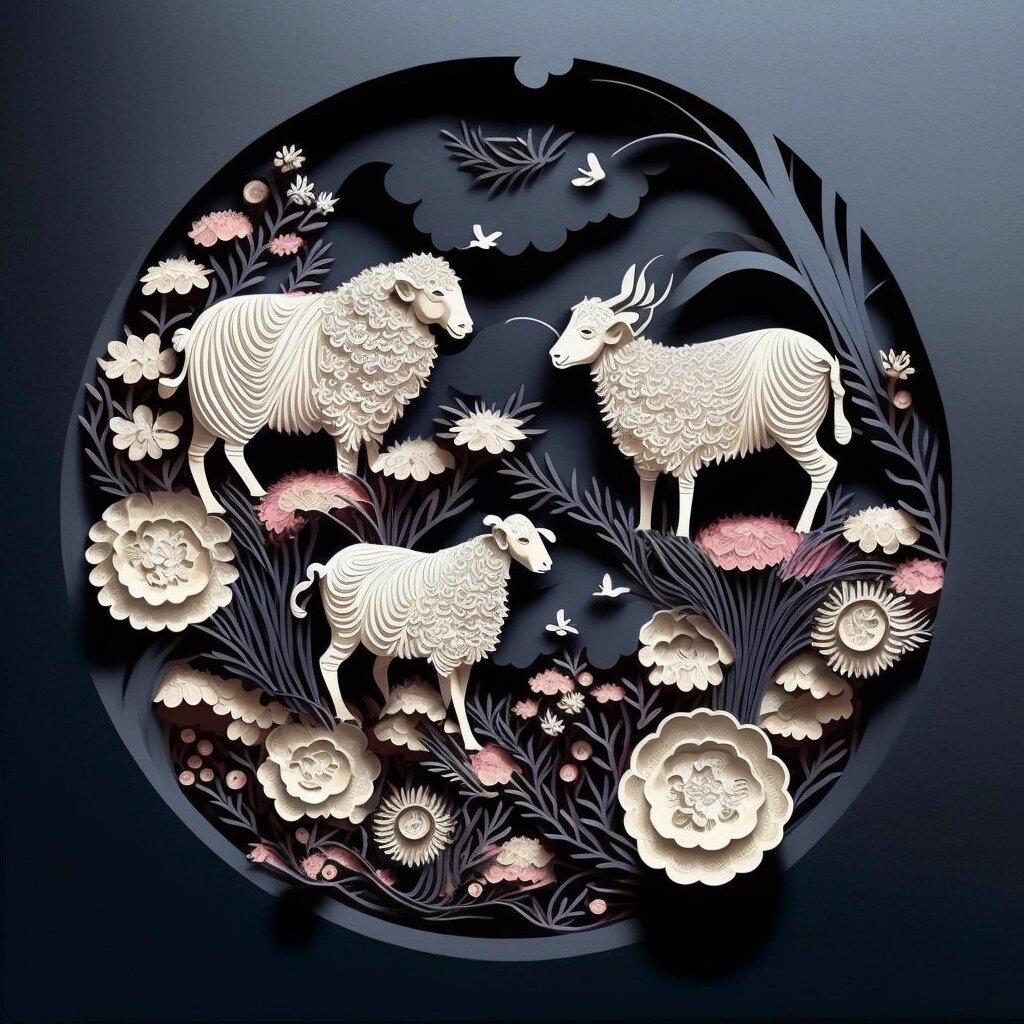 中式剪纸艺术,三羊开泰 图案:三只羊 解题:羊,古同祥字,寓吉祥.