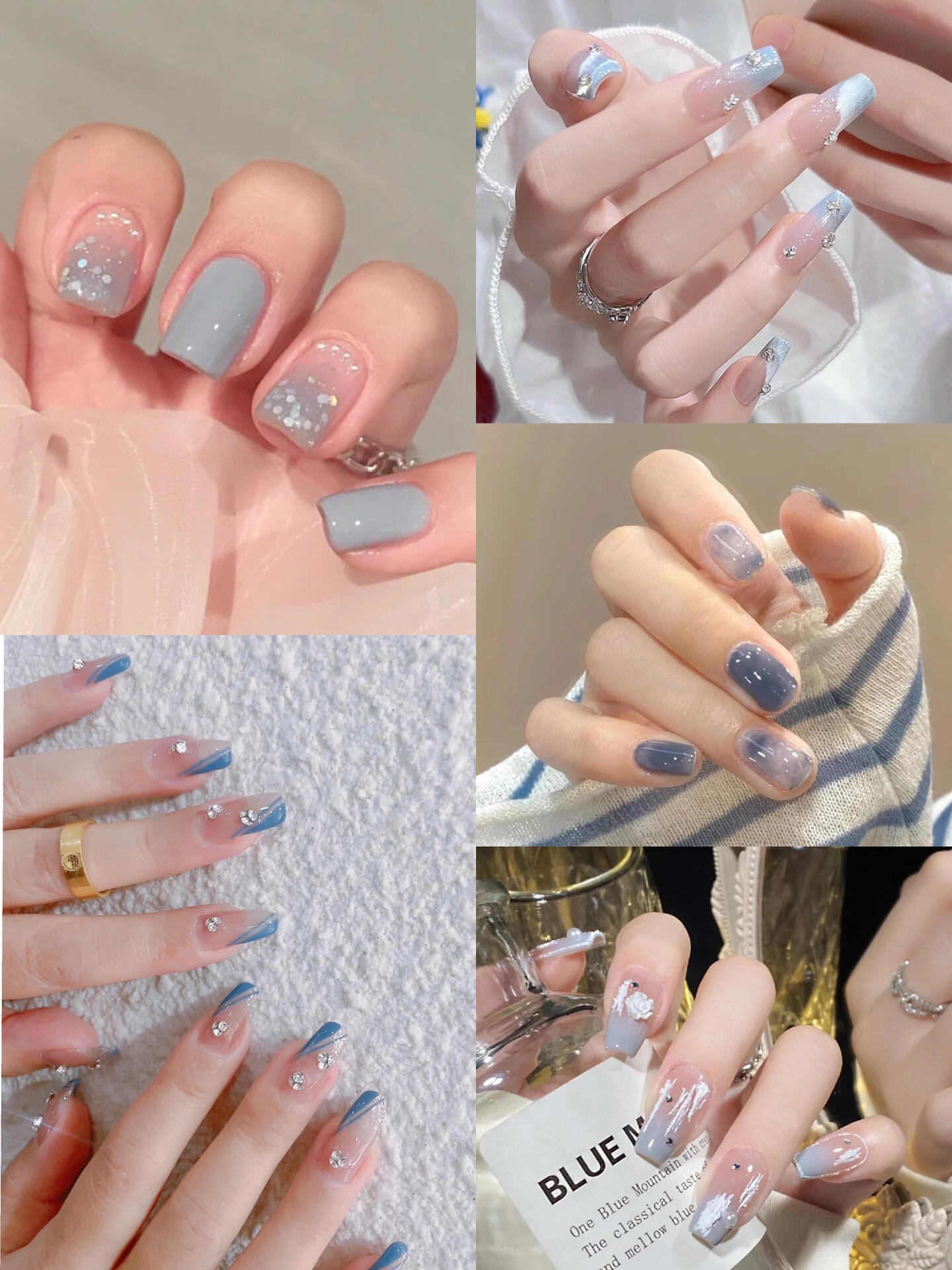 温柔气质雾霾蓝渐变美甲
