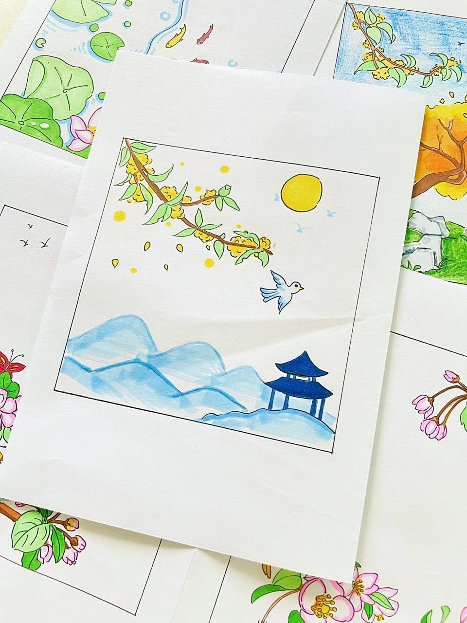 【诗配画】《鸟鸣涧》古诗绘画 《鸟鸣涧》 唐·王维 人闲桂花落,夜静