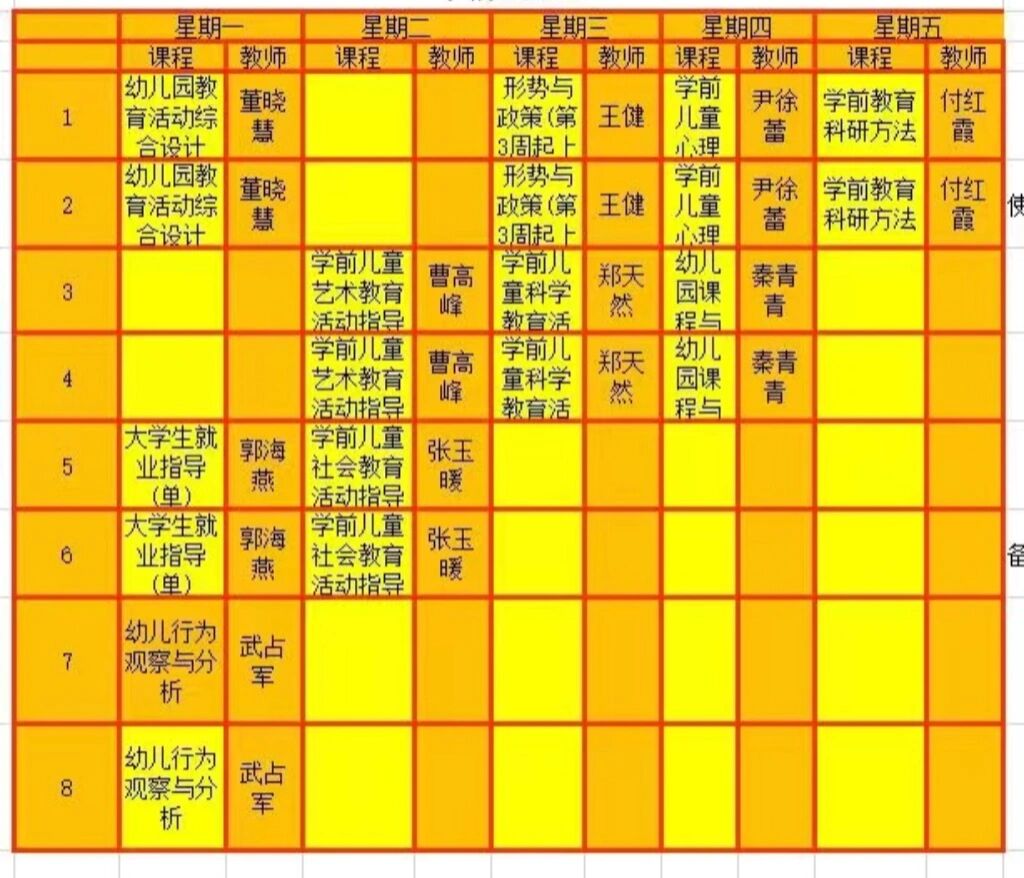 学前教育从大一到大三的课表