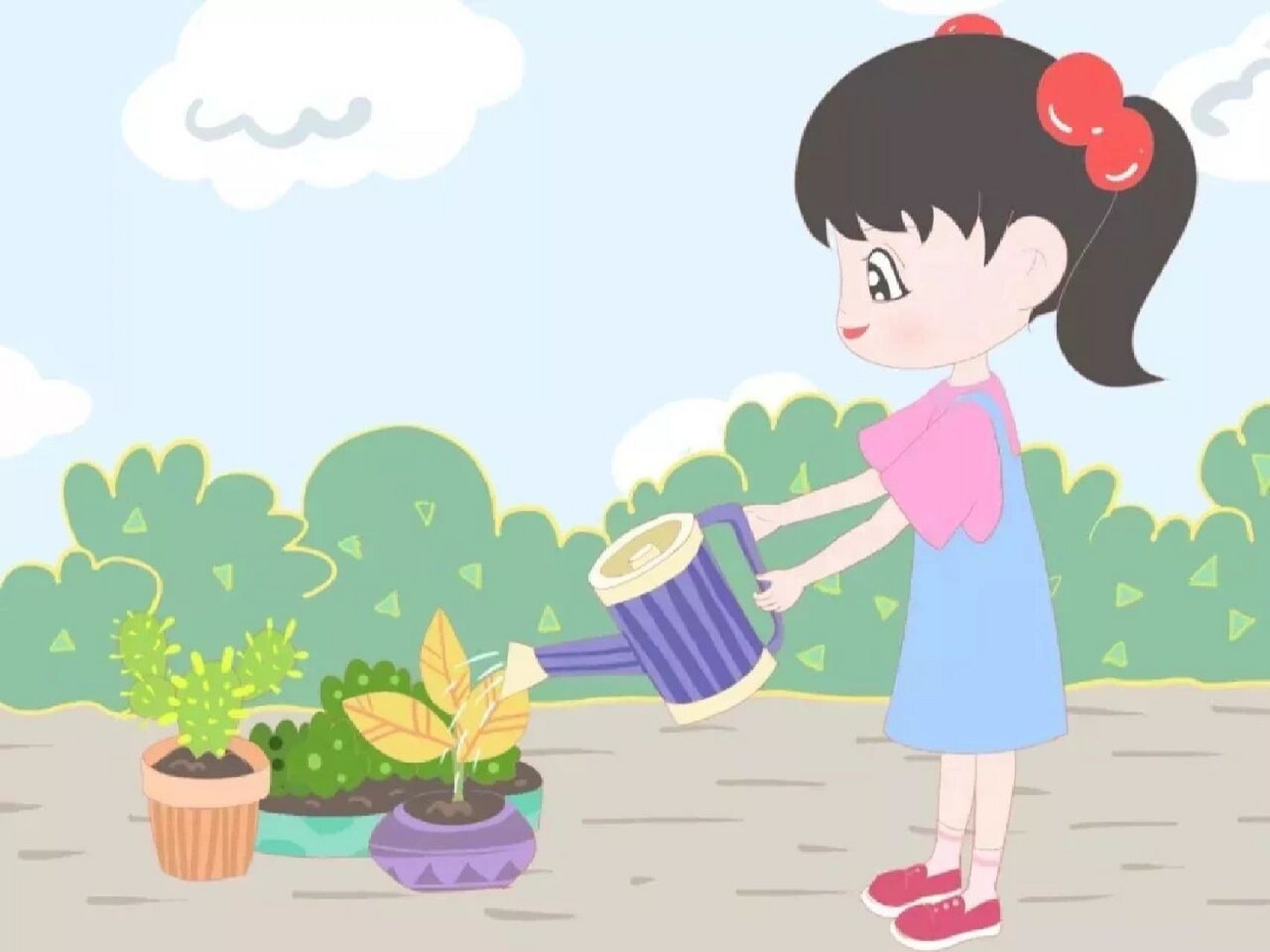 小红来到院子浇花.