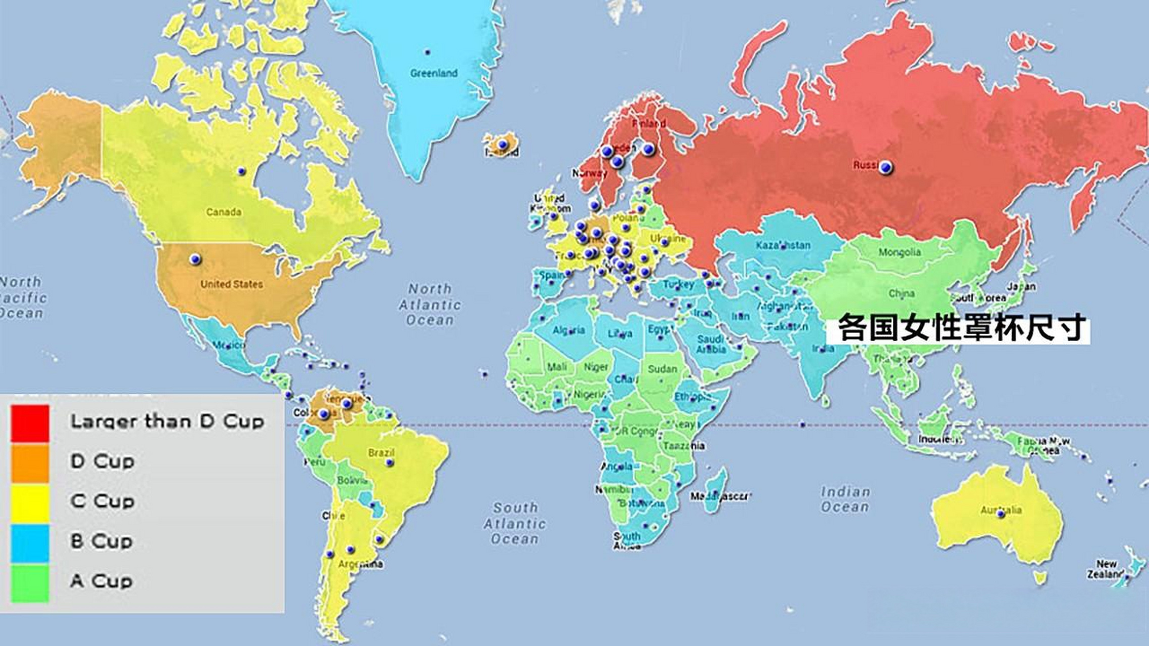 谷歌一款地图网站曾经制作过一张全球各国女士胸部尺寸图.