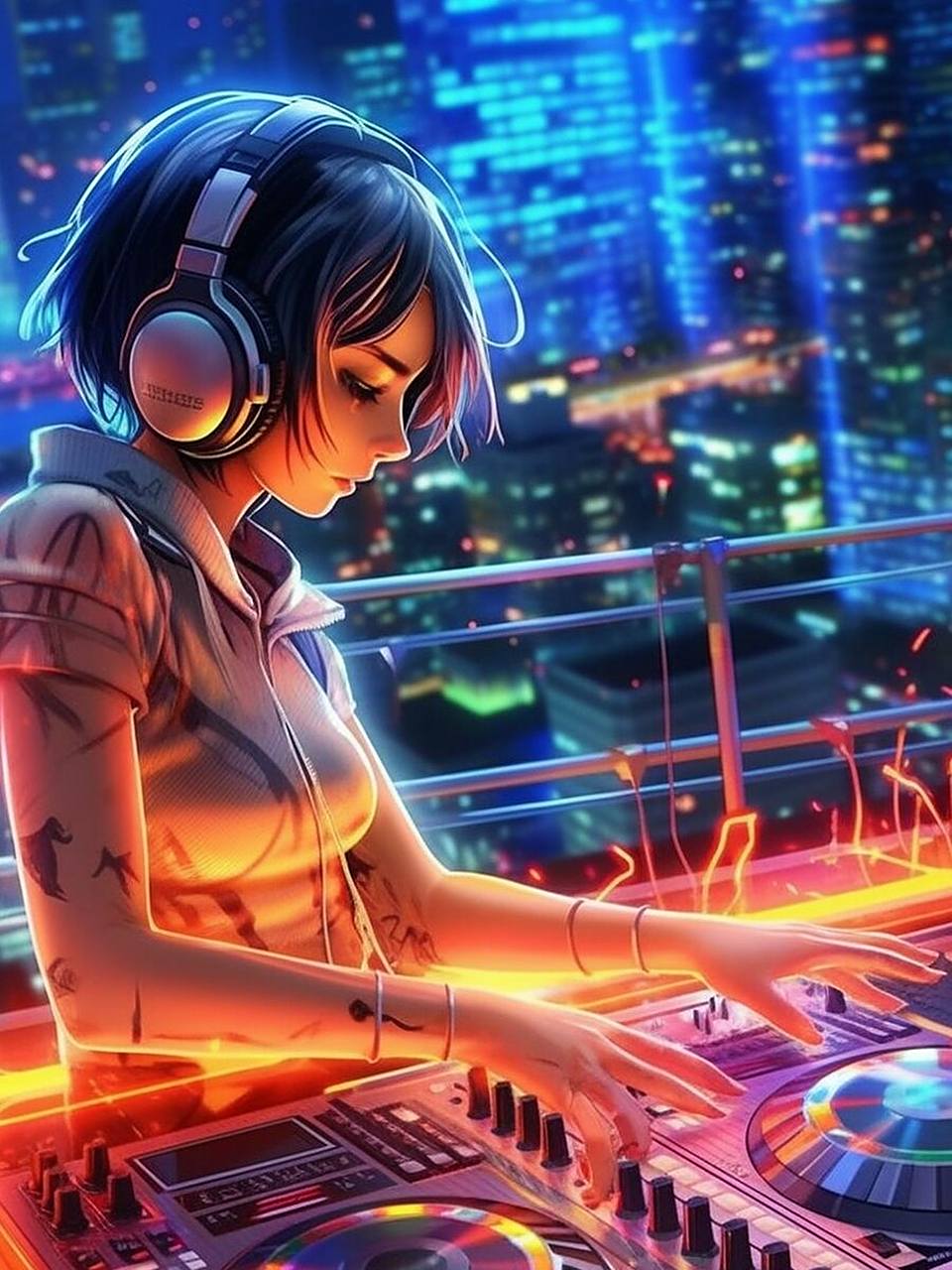 完整关键词 俱乐部的dj甲板霓虹灯上的感性热dj动漫女孩,背景,动漫