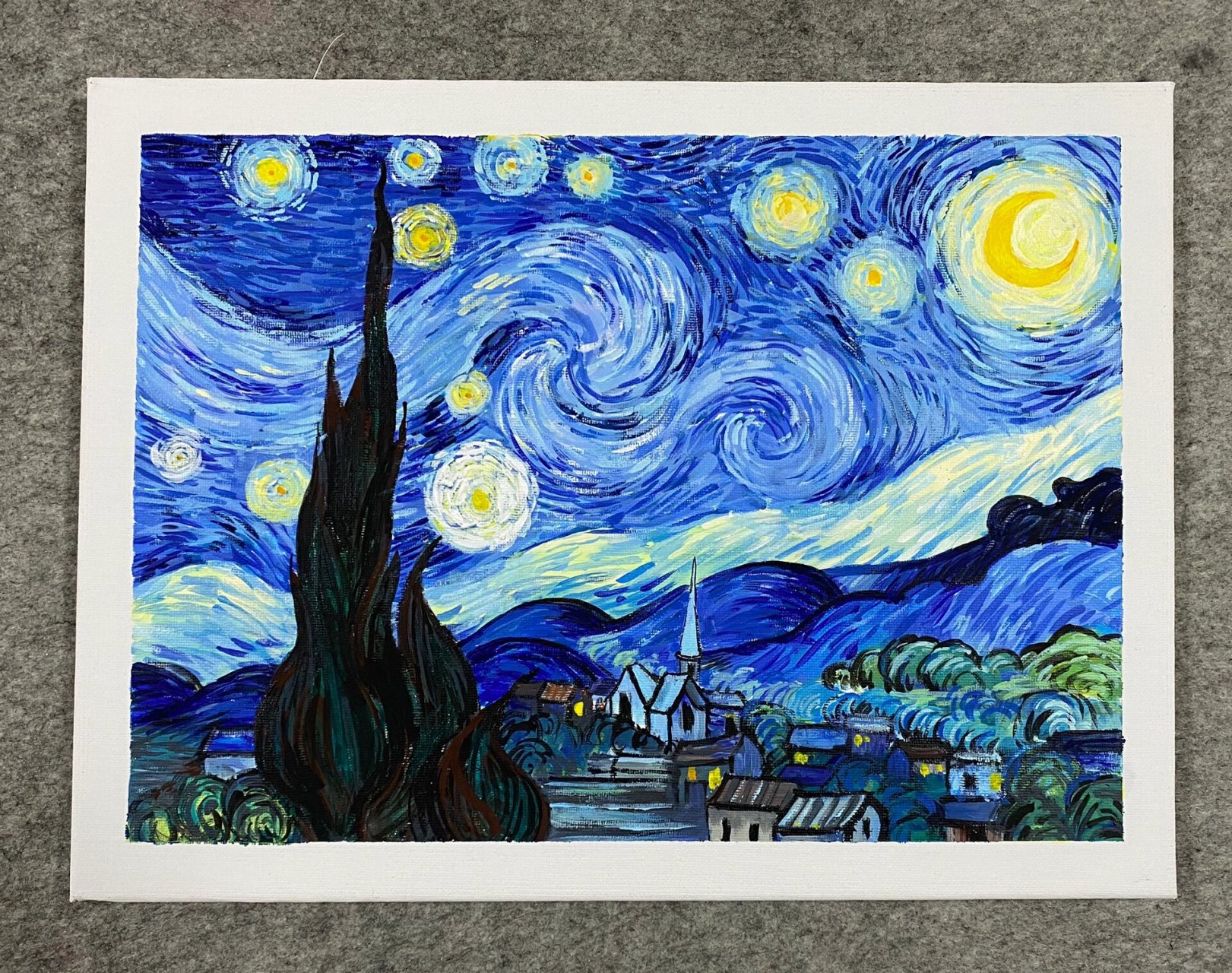 水粉  《梵高-星空》 范画过程及学生作品