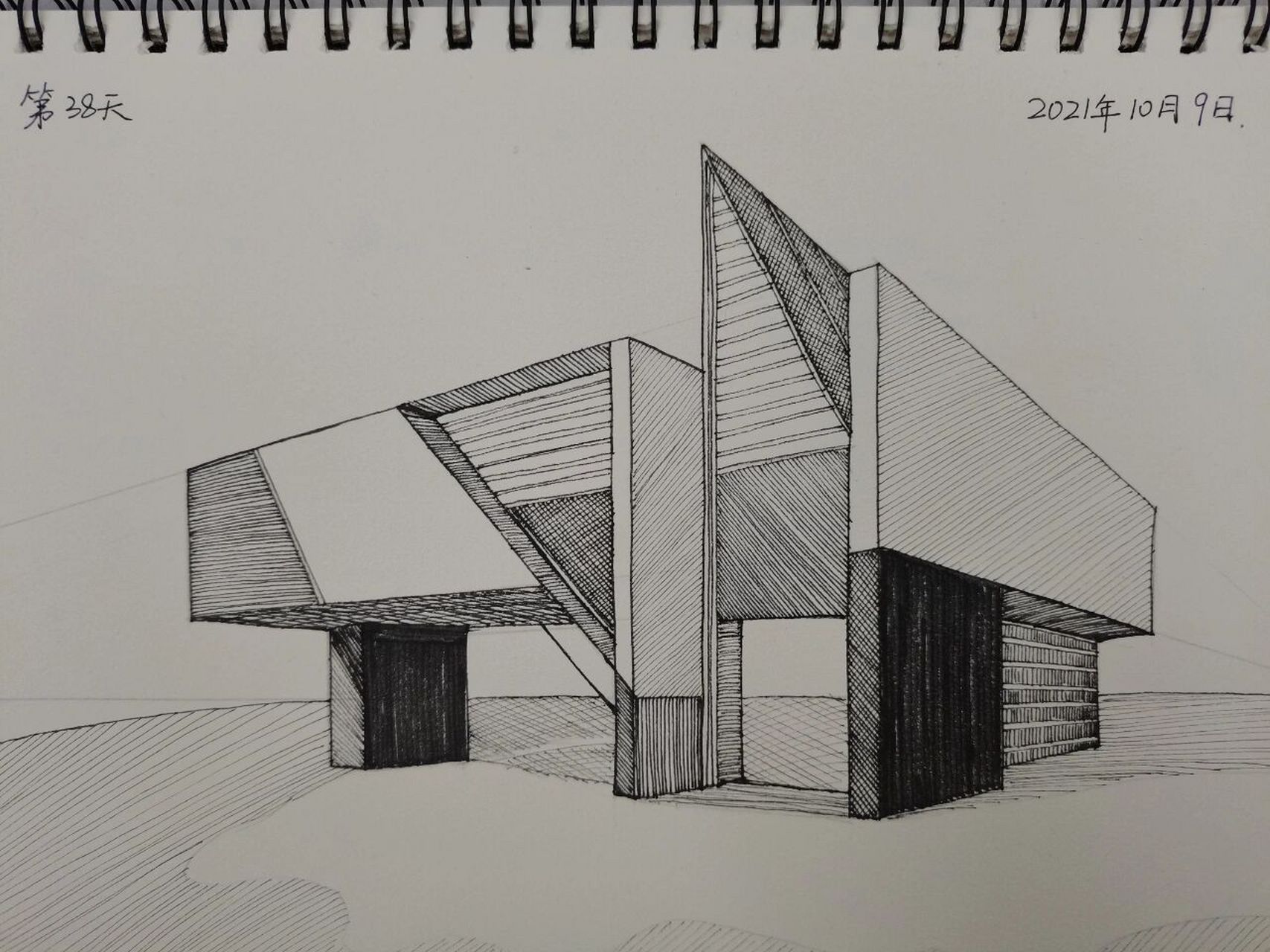 单体建筑 透视 形体 day38 [微笑]控笔练习第38天,线条和透视练习