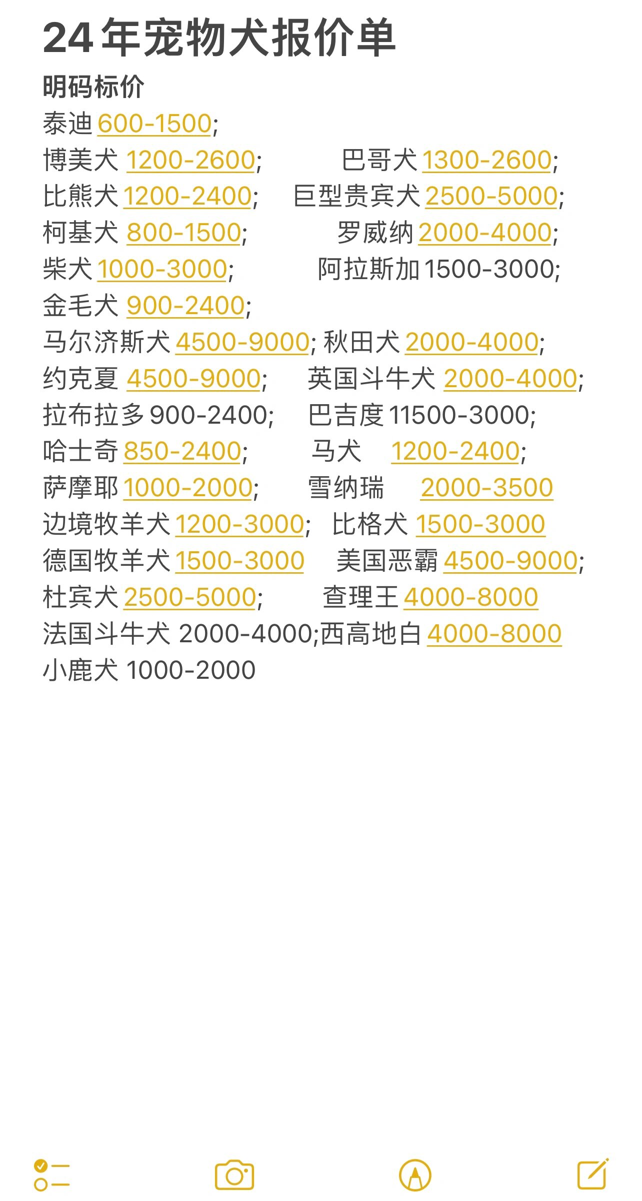 报价来咯～ 	 给大家整理了一些较为常见的宠物犬品种,狗狗价格因地区