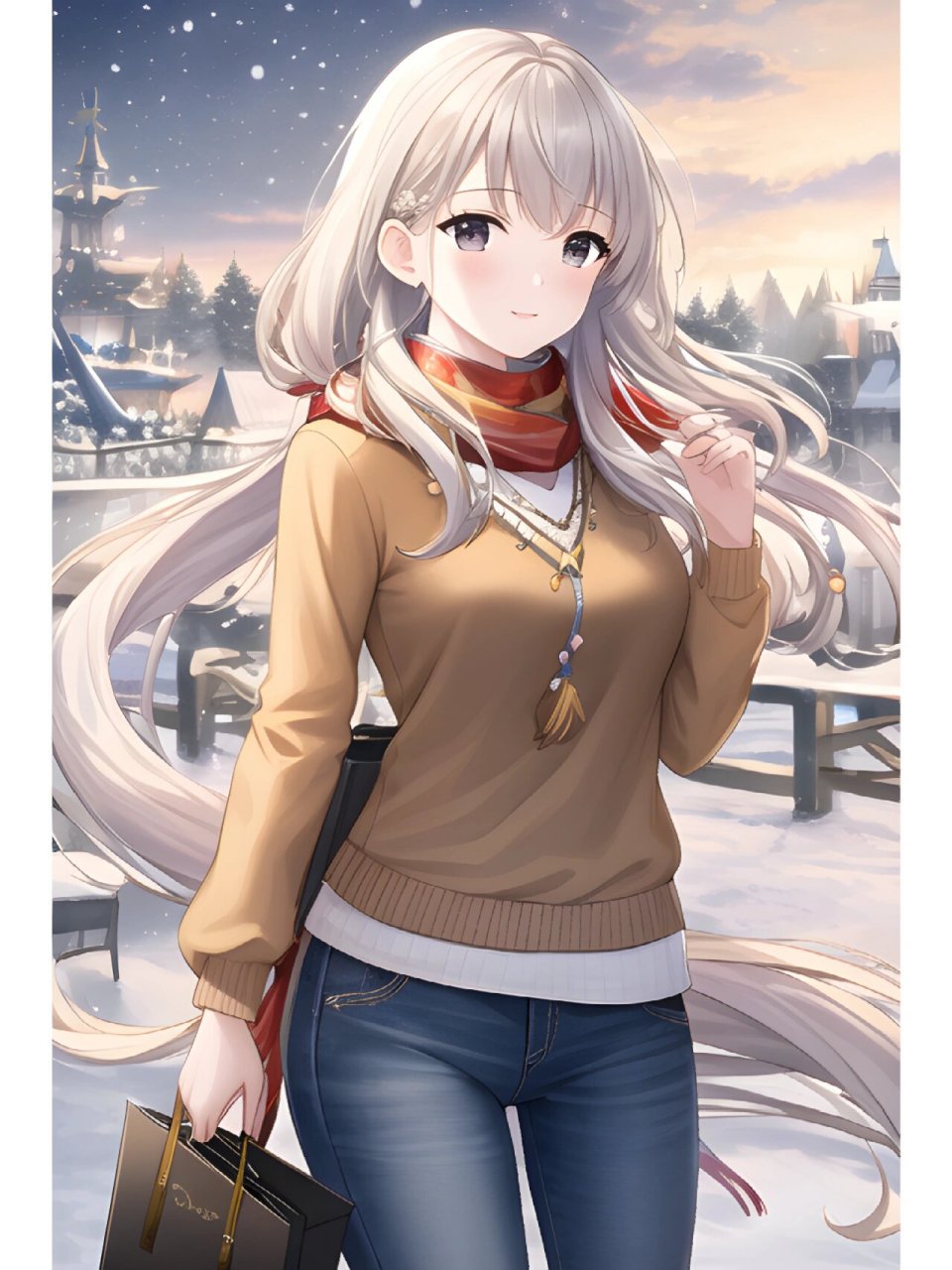 动漫二次元绘画人物,冬季毛衣外套女