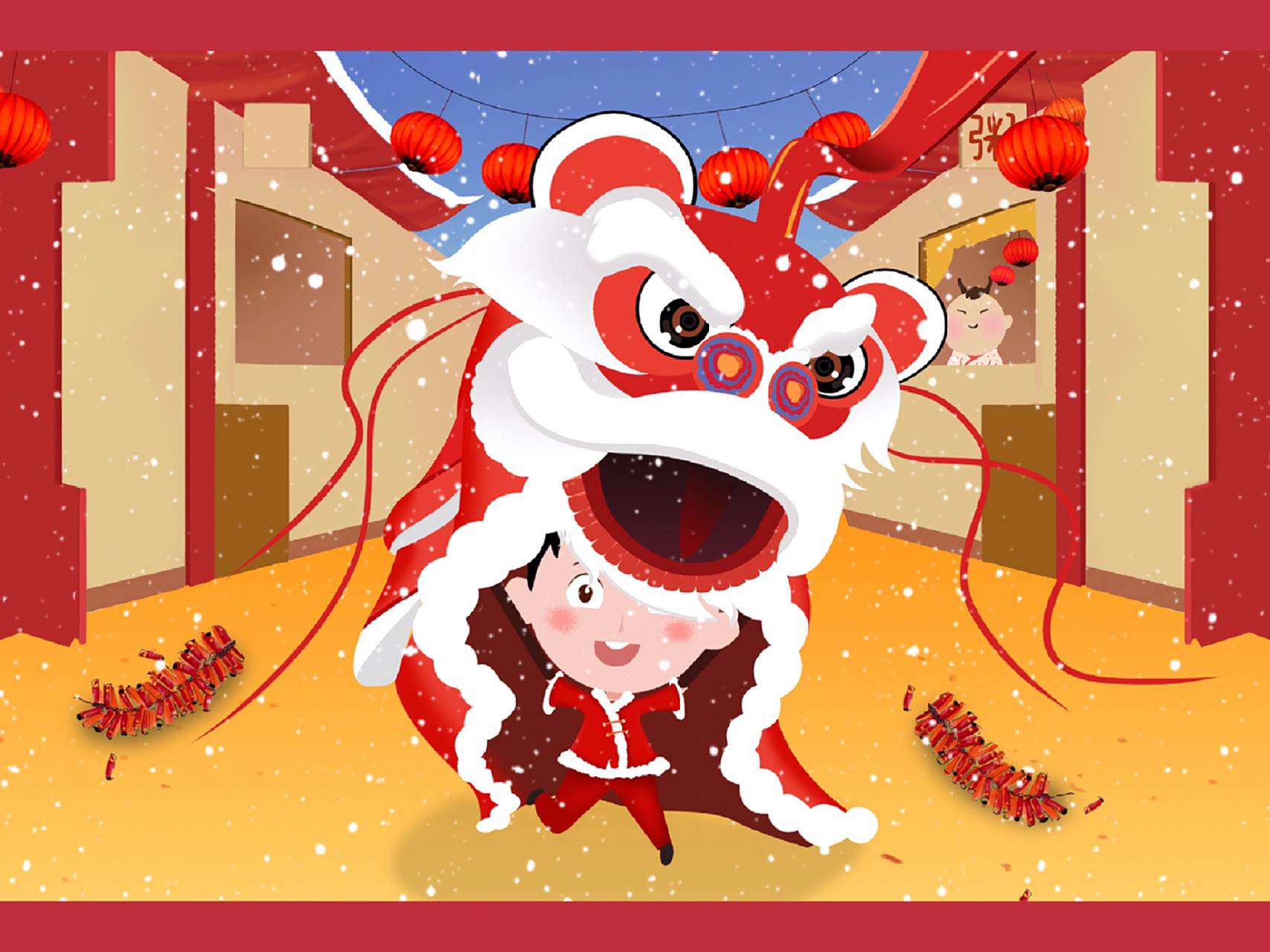 春节插画|春节舞狮子的快乐 年底是春节主题元素素材的使用最多的时候