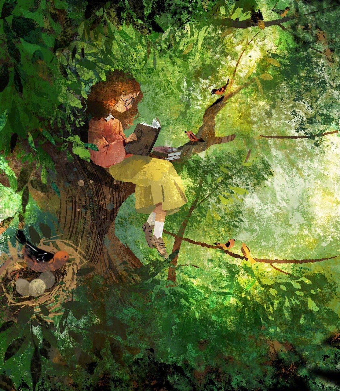 绿色森林系卡通动漫|独自享受|儿童插画创意 一组绿色主题儿童插画