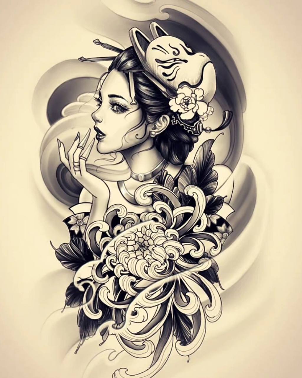 艺伎纹身手稿//武汉刺青 温柔,甜美 艺伎的形象是日本男人幻想中最