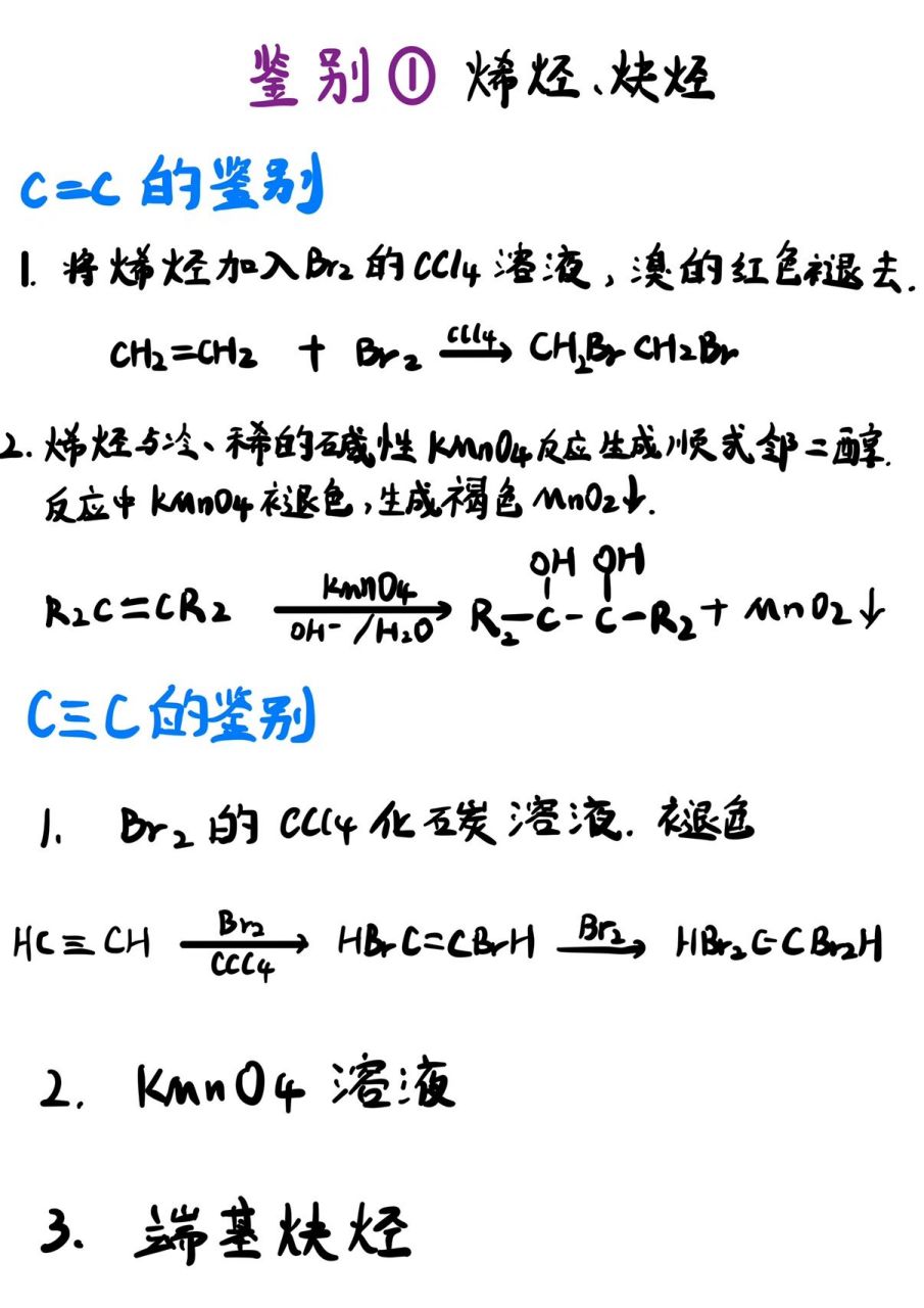 有机鉴别反应-1 烯烃,炔烃 1,环丙烷:与溴水反应褪色 2,烯烃:①与溴水