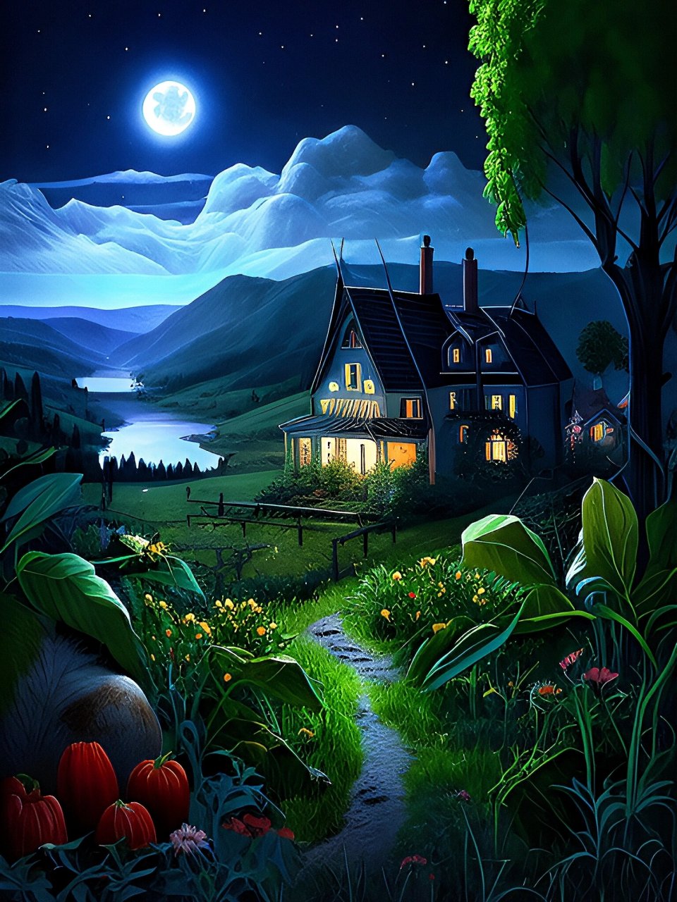 月光如水,洒在乡村的屋顶,田野和小路上,形成一幅银白色的画卷.