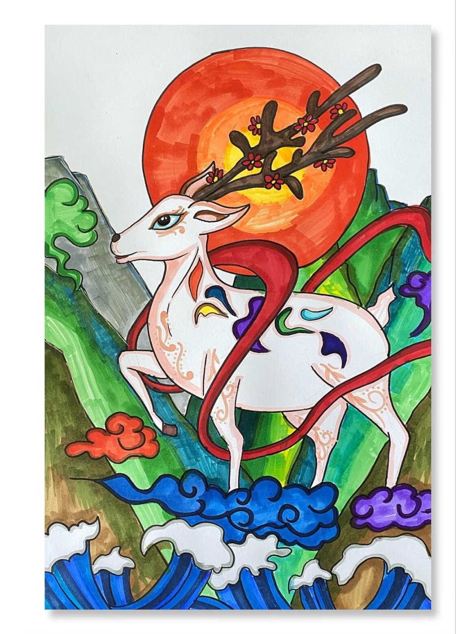 山海经系列原创马克笔手绘 盘古 女娲九色鹿 创意美术 山海经系列创意