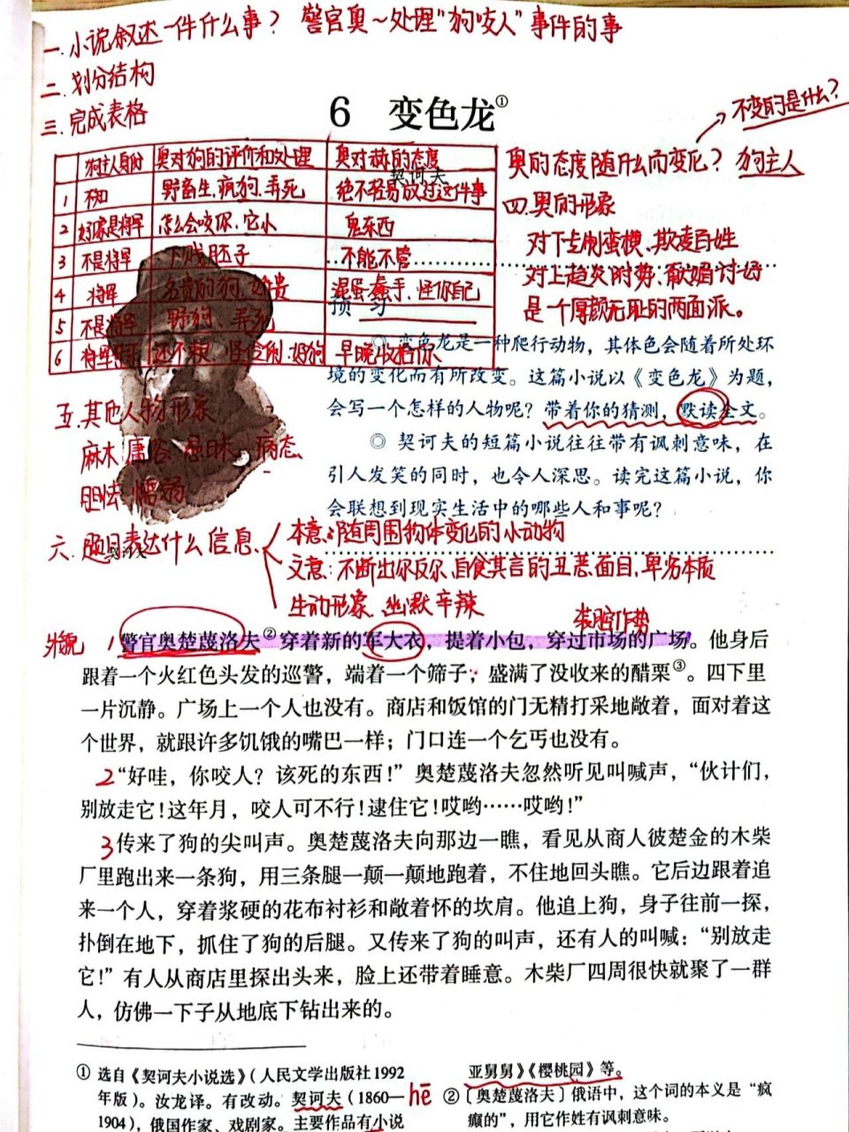 变色龙 一,概括小说内容 二,划分结构 三,完成表格.