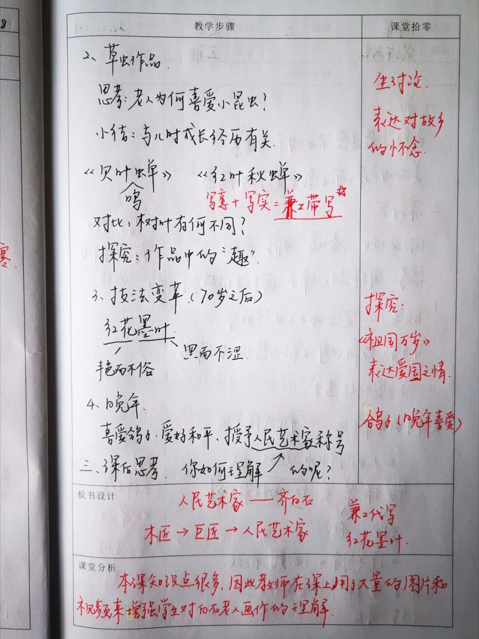 美术听课笔记分享| 人美版小学美术五年级下册《人民艺术家—齐白石》